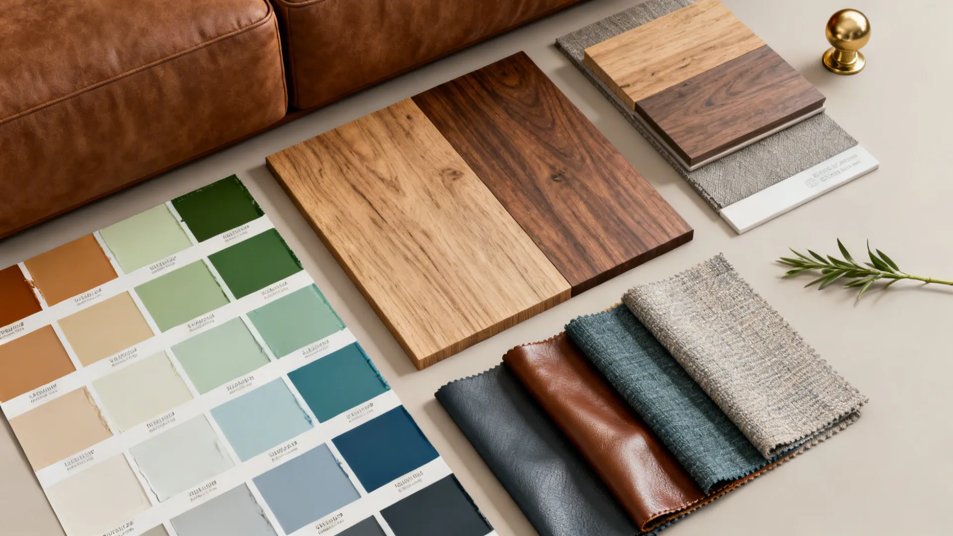 Interior design mood board with wood samples fabric swatches paint color palette and gold cabinet knob