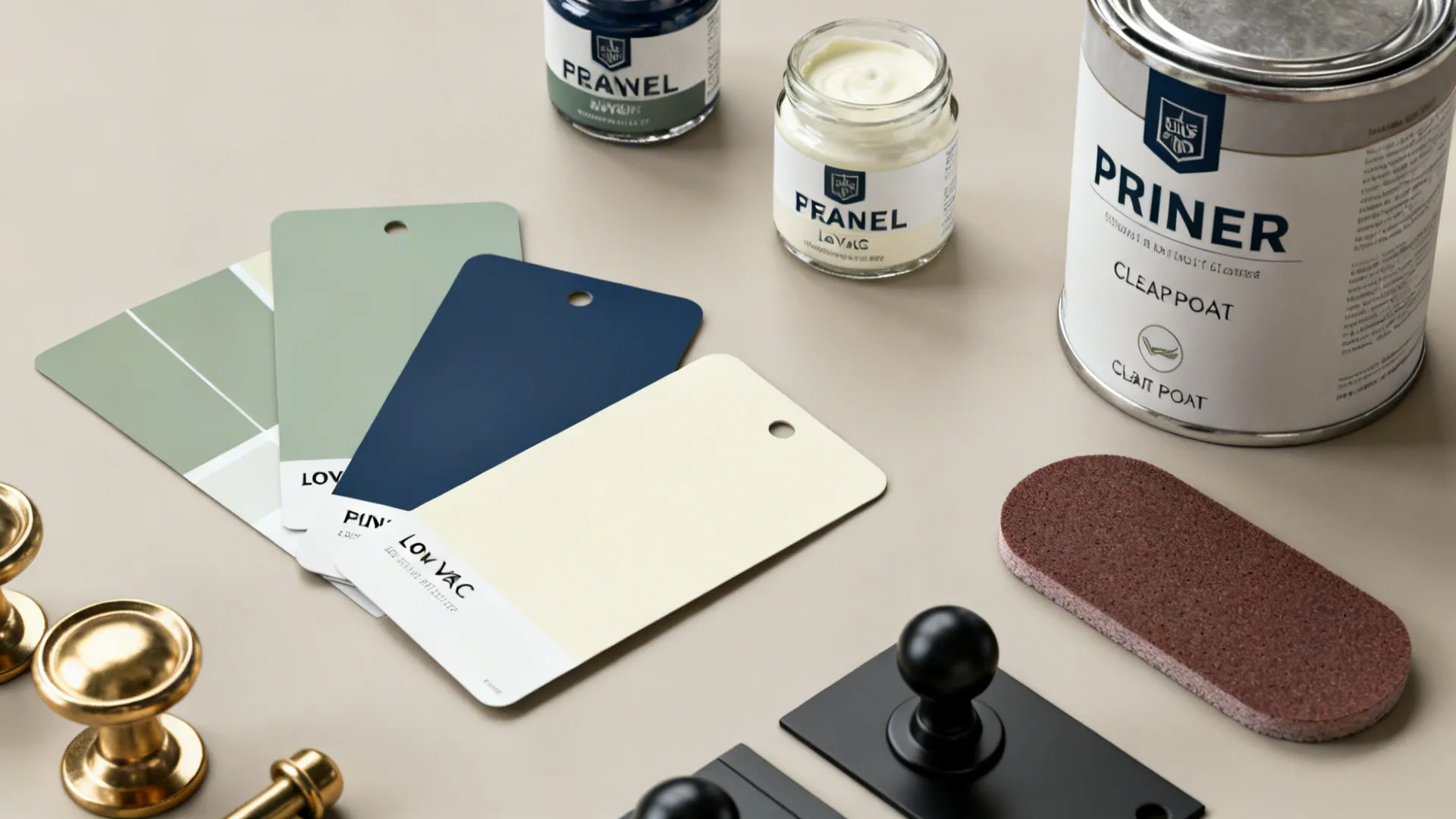 Flatlay of paint samples, primer, sanding pad, topcoat and hardware samples for cabinet painting decisions