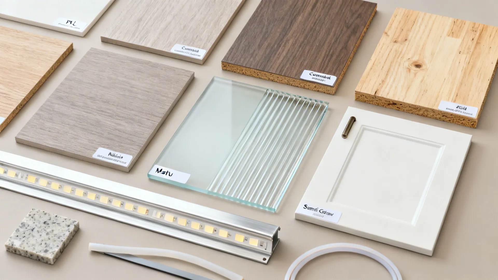 Top-down board with laminate, glass, quartz, LED, and waterproofing samples for kitchens.