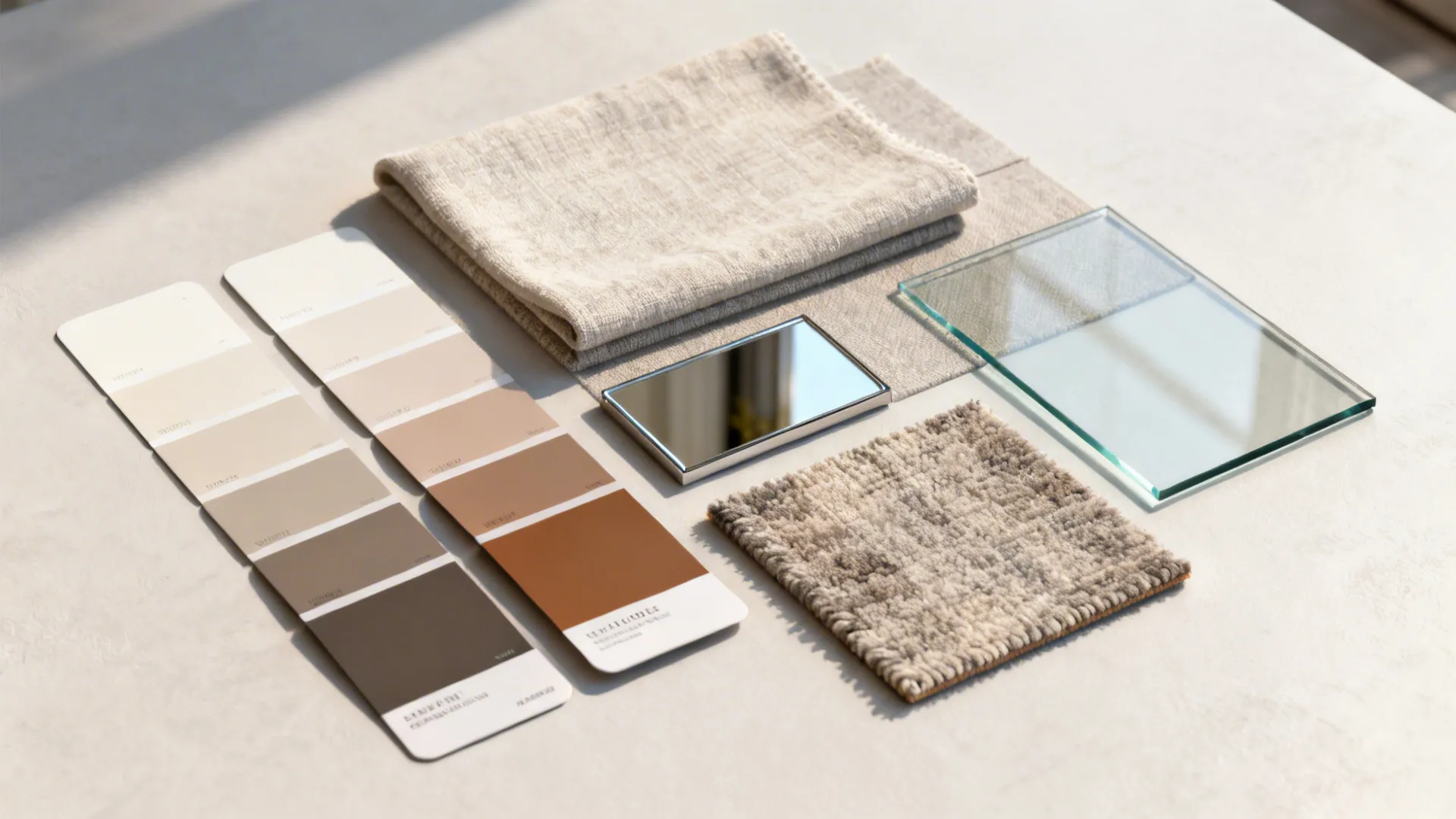 Interior design material board featuring neutral color swatches fabric samples glass and small square mirror