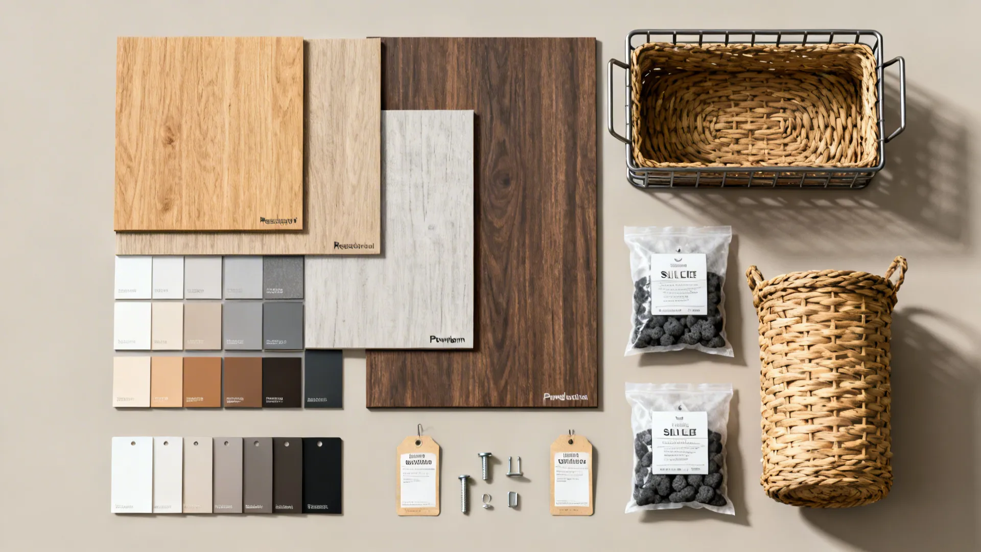 Flatlay of materials and accessories for entryway shoe storage including wood swatches, baskets and sachets