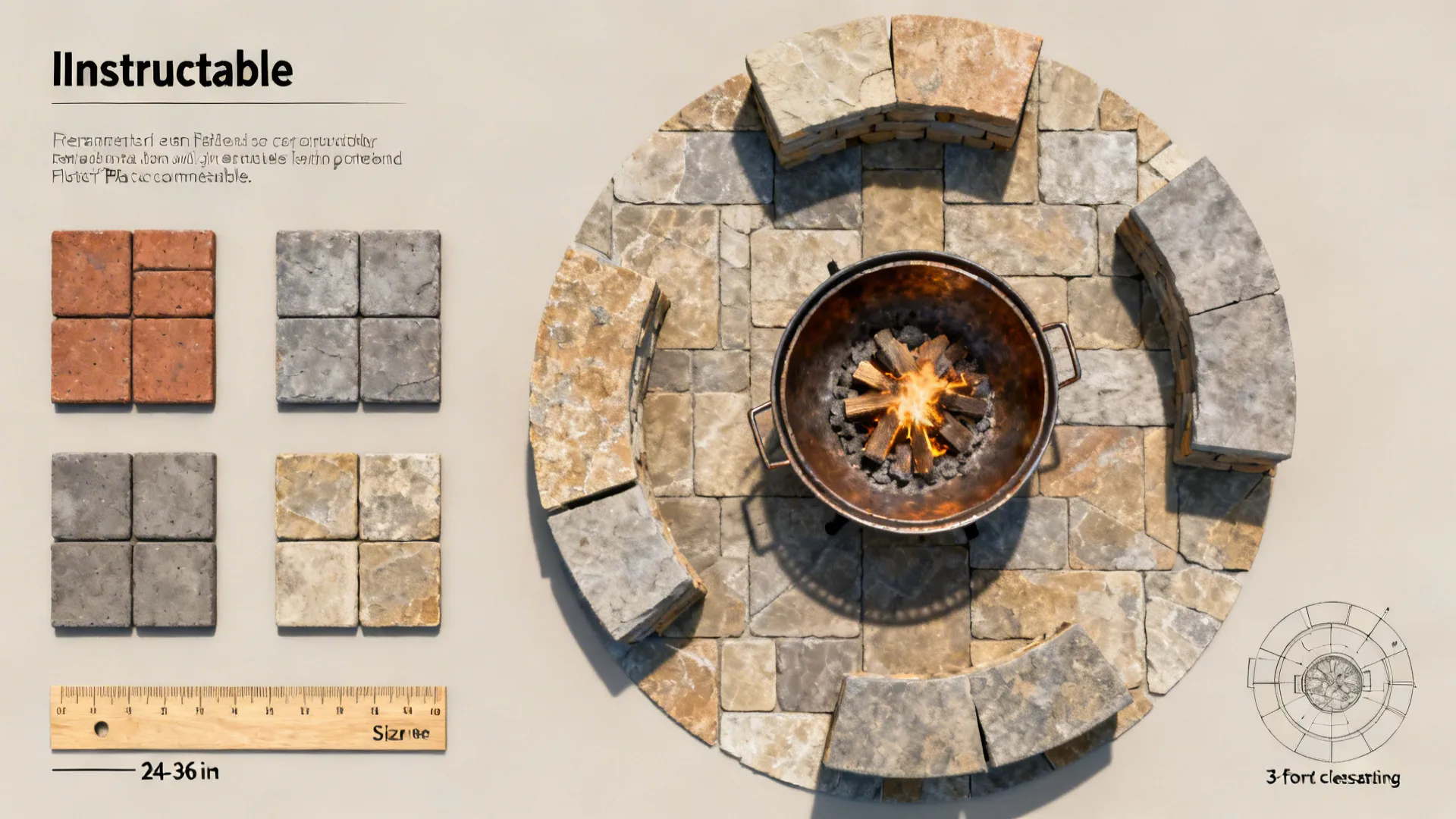 Flatlay of materials and sizing guides for small backyard fire pits, including pavers and measurement ruler.