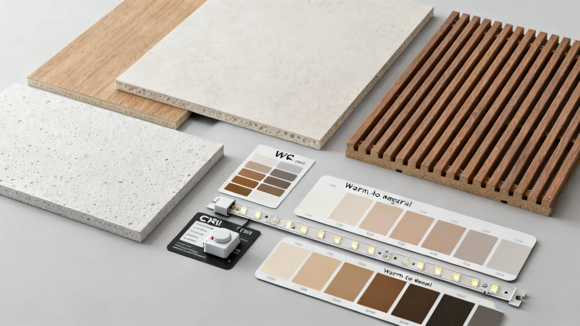 Flatlay of gypsum, MDF, WPC slats, LED strips, dimmer, and warm neutral paint chips.