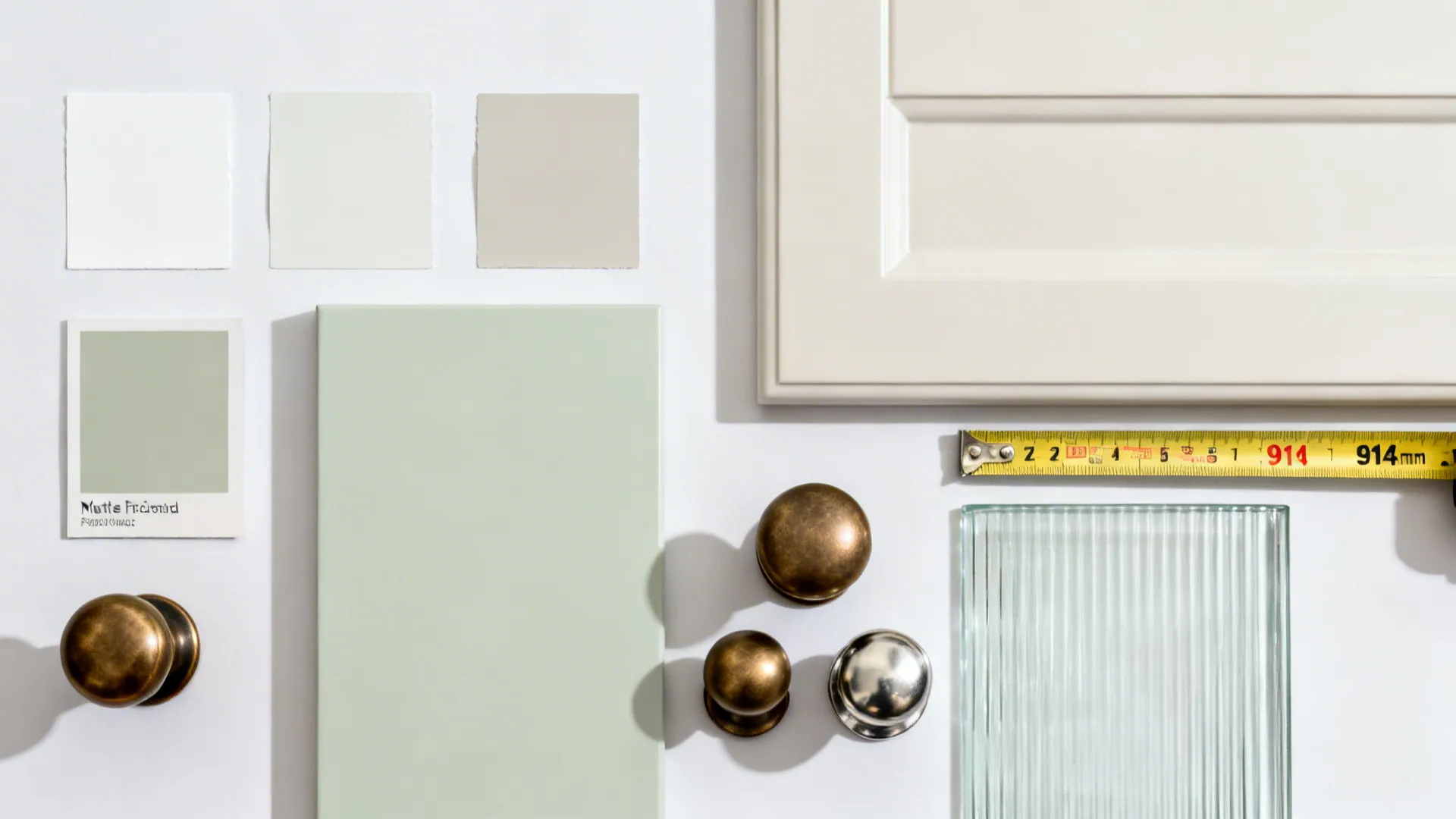 Flatlay of paint chips, glass, hardware, and a tape measure referencing kitchen clearances.