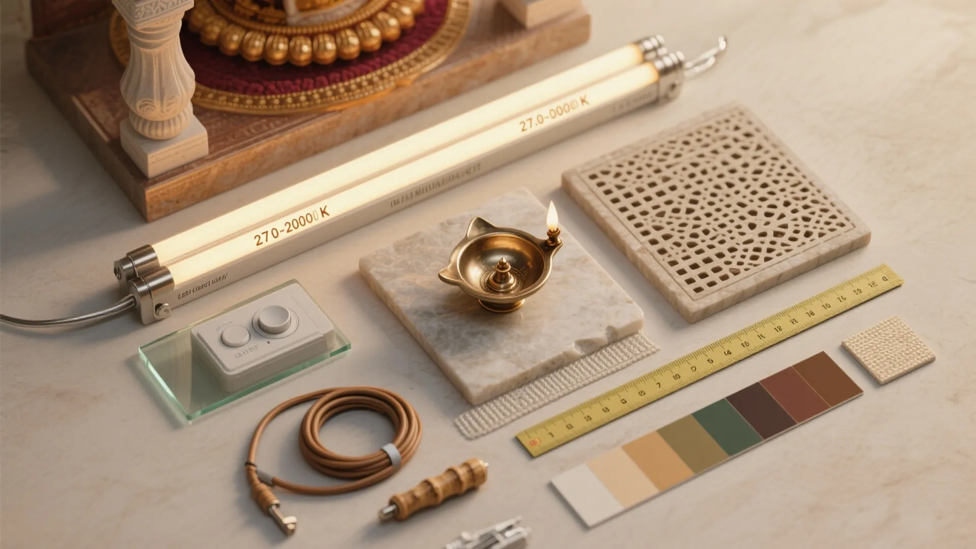Collection of interior design materials including light tubes, small oil lamp, ruler, and color palette