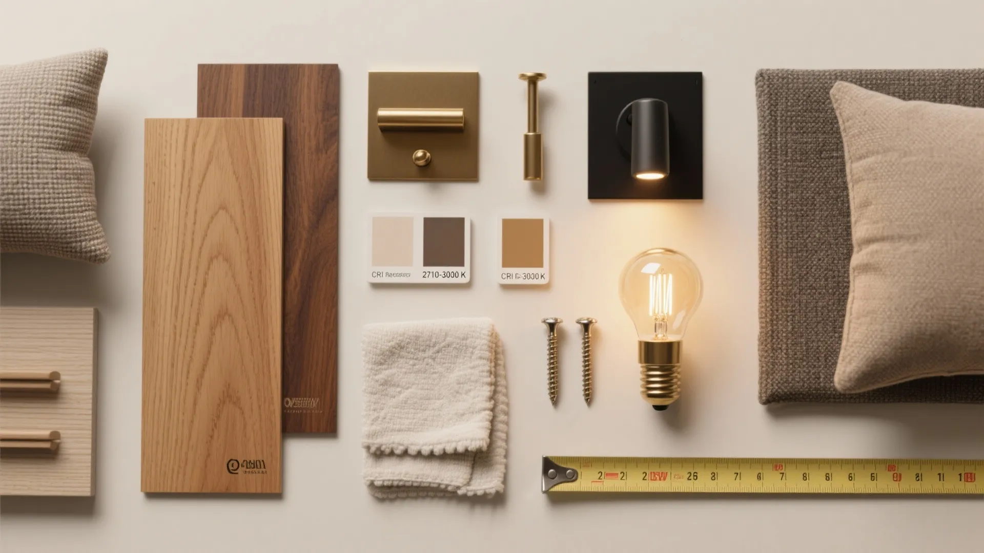 Interior design material kit with wood samples light bulb measuring tape and fabric on table