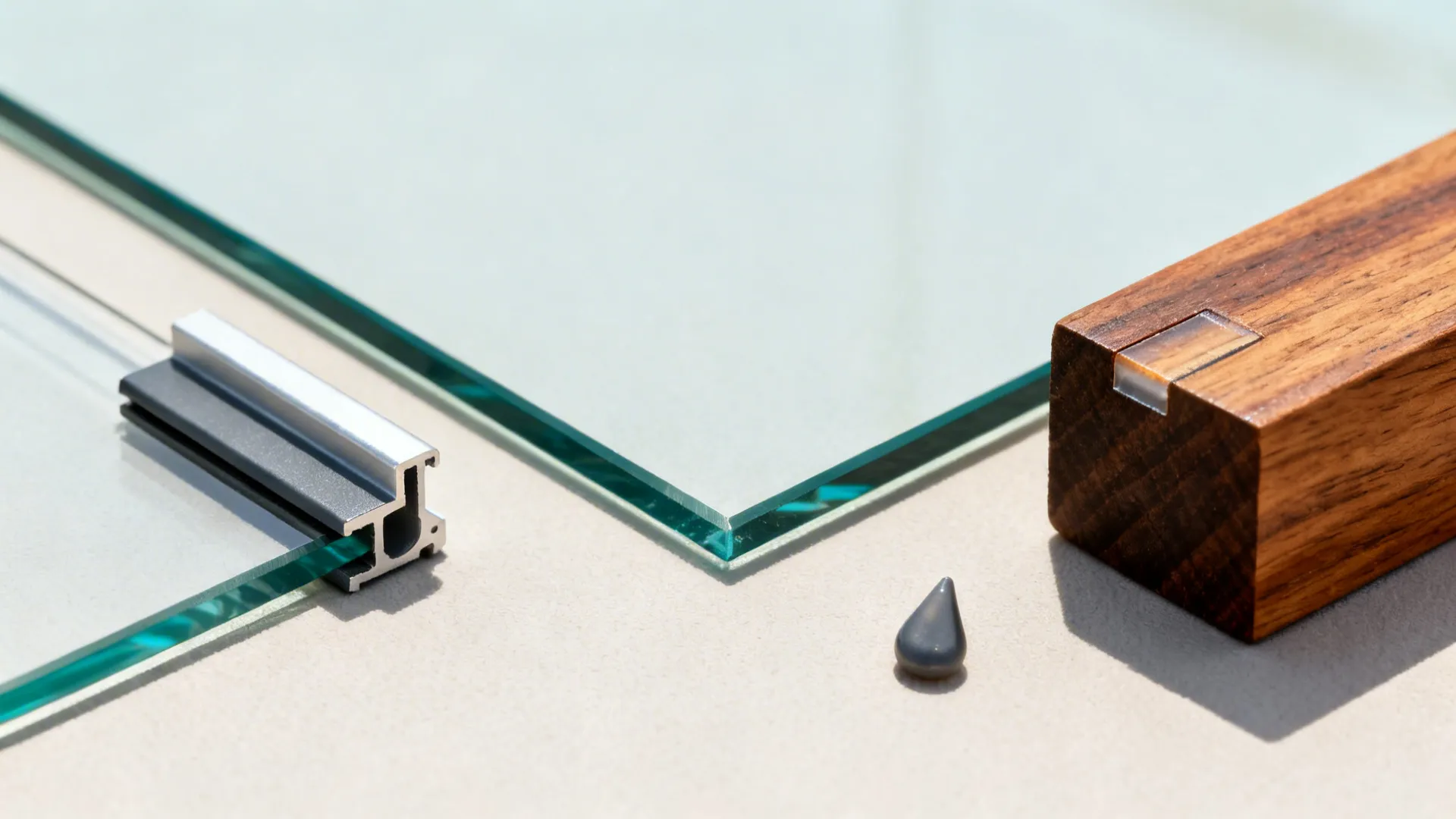 Macro arrangement of tempered, laminated glass, aluminum profile, teak, and a drop seal.