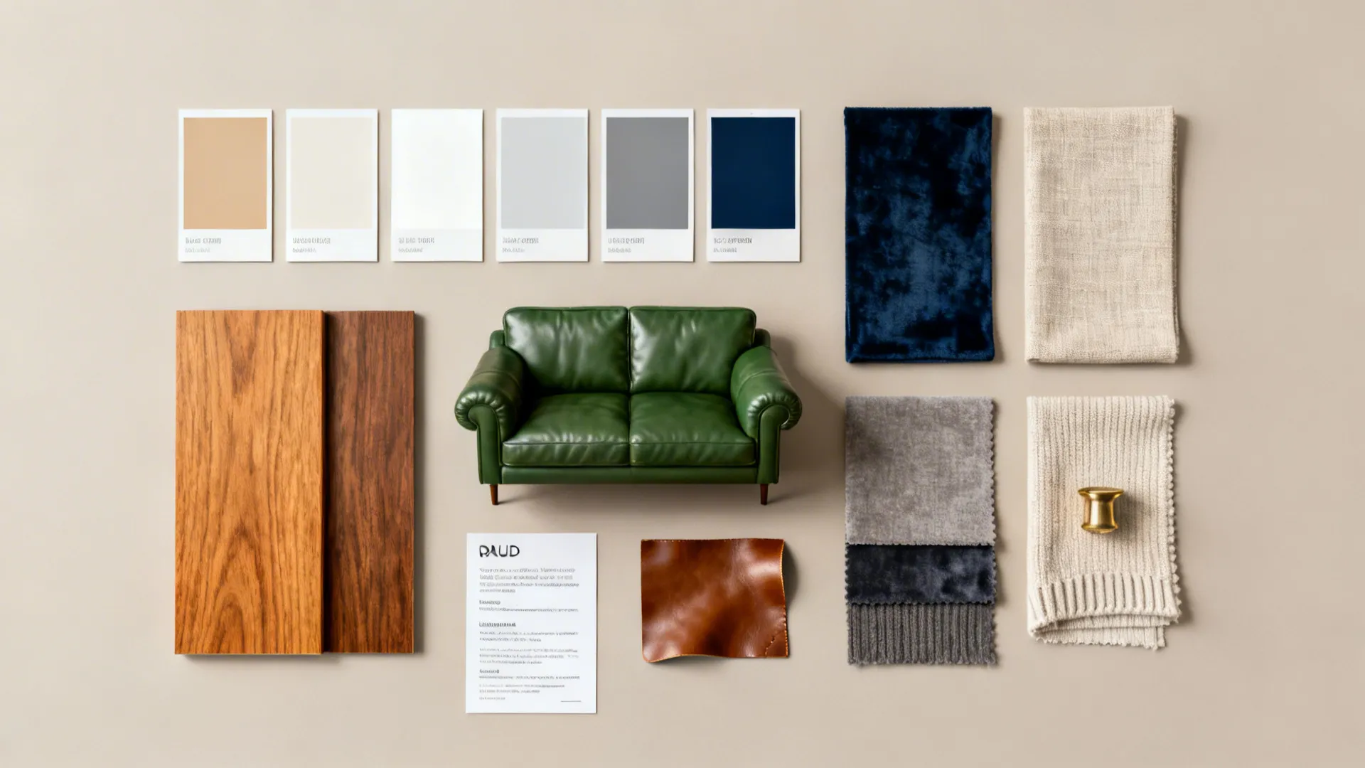 Interior design board with green sofa model color cards wood panels fabric samples and leather materials