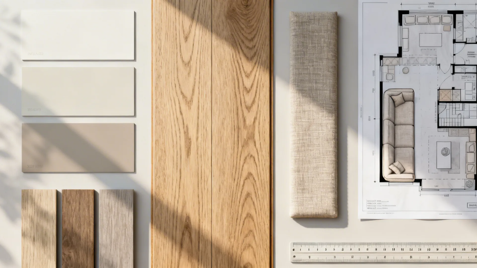 Top-down moodboard with paint swatches, wood samples, fabric swatch and floorplan for narrow living room planning