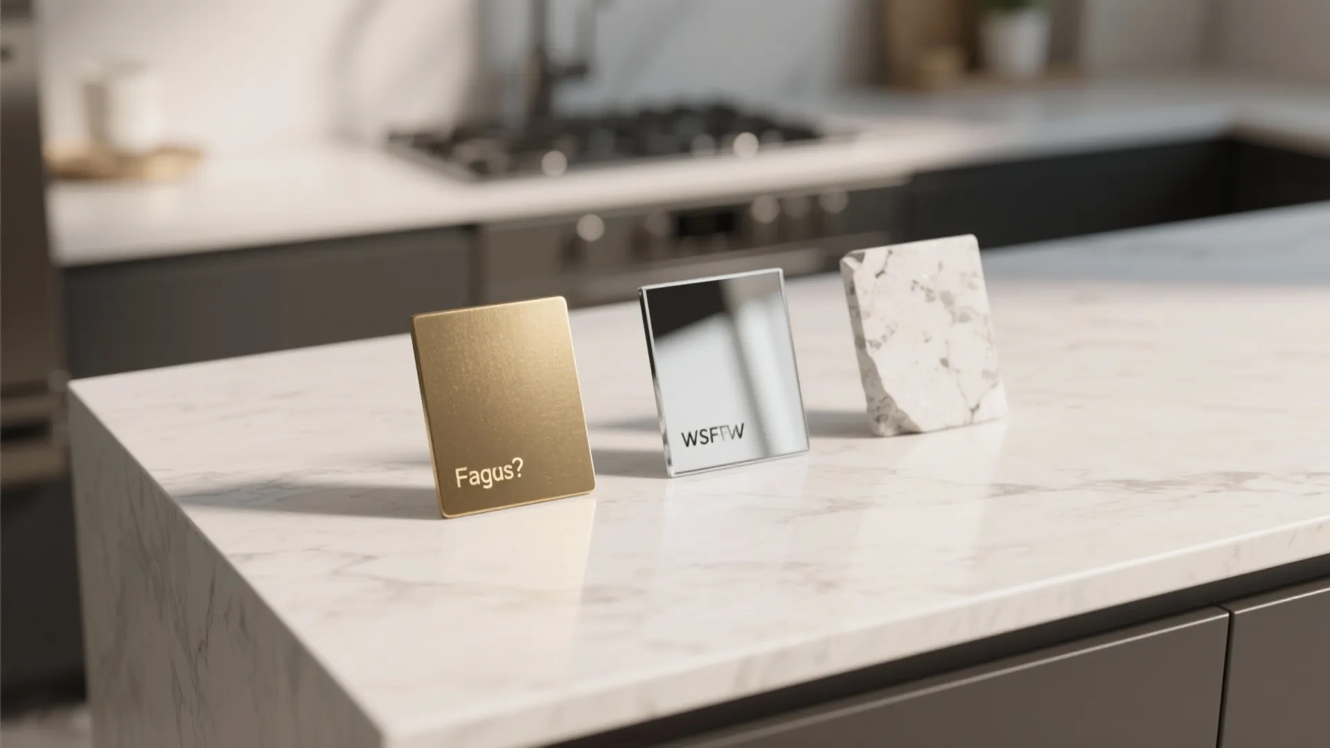 Gold metal silver mirror and white marble material samples standing on a kitchen island countertop