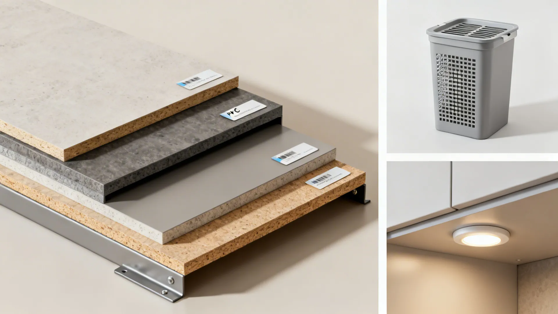 Samples of moisture-resistant shelving materials, ventilated hamper and LED lighting options for a laundry room.