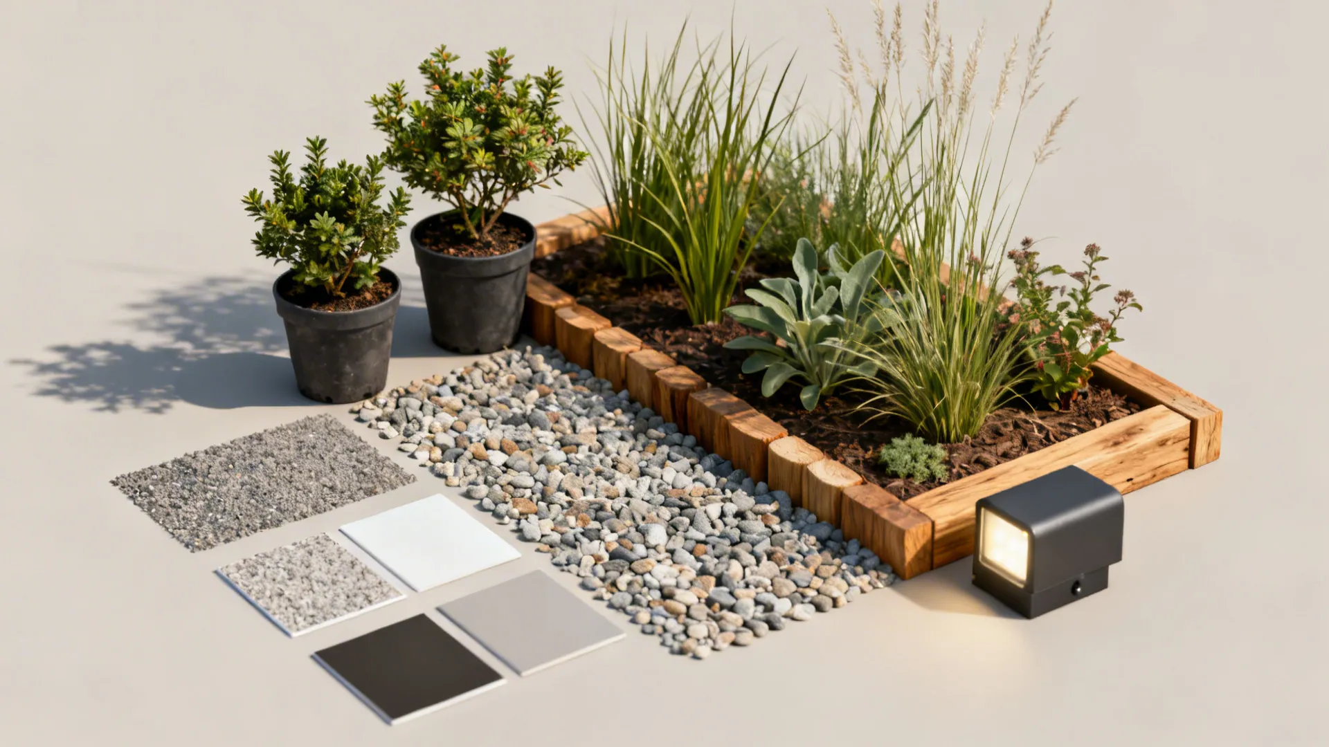 Plant and material samples including dwarf shrubs, ornamental grasses, gravel and LED path light for small front yard decisions.