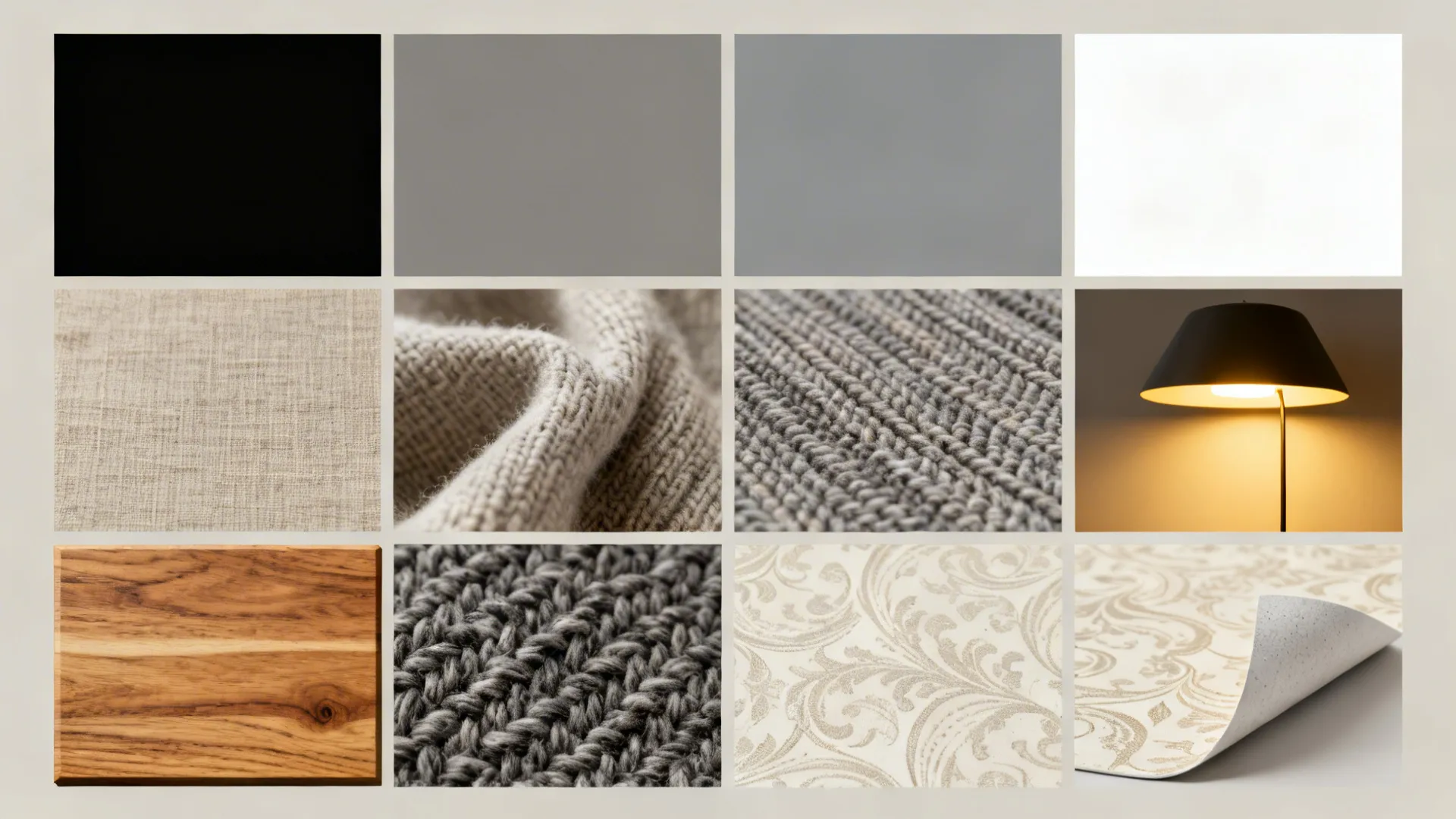 Collection of interior design material samples showing wood, fabric, wallpaper, textures, and a small lamp