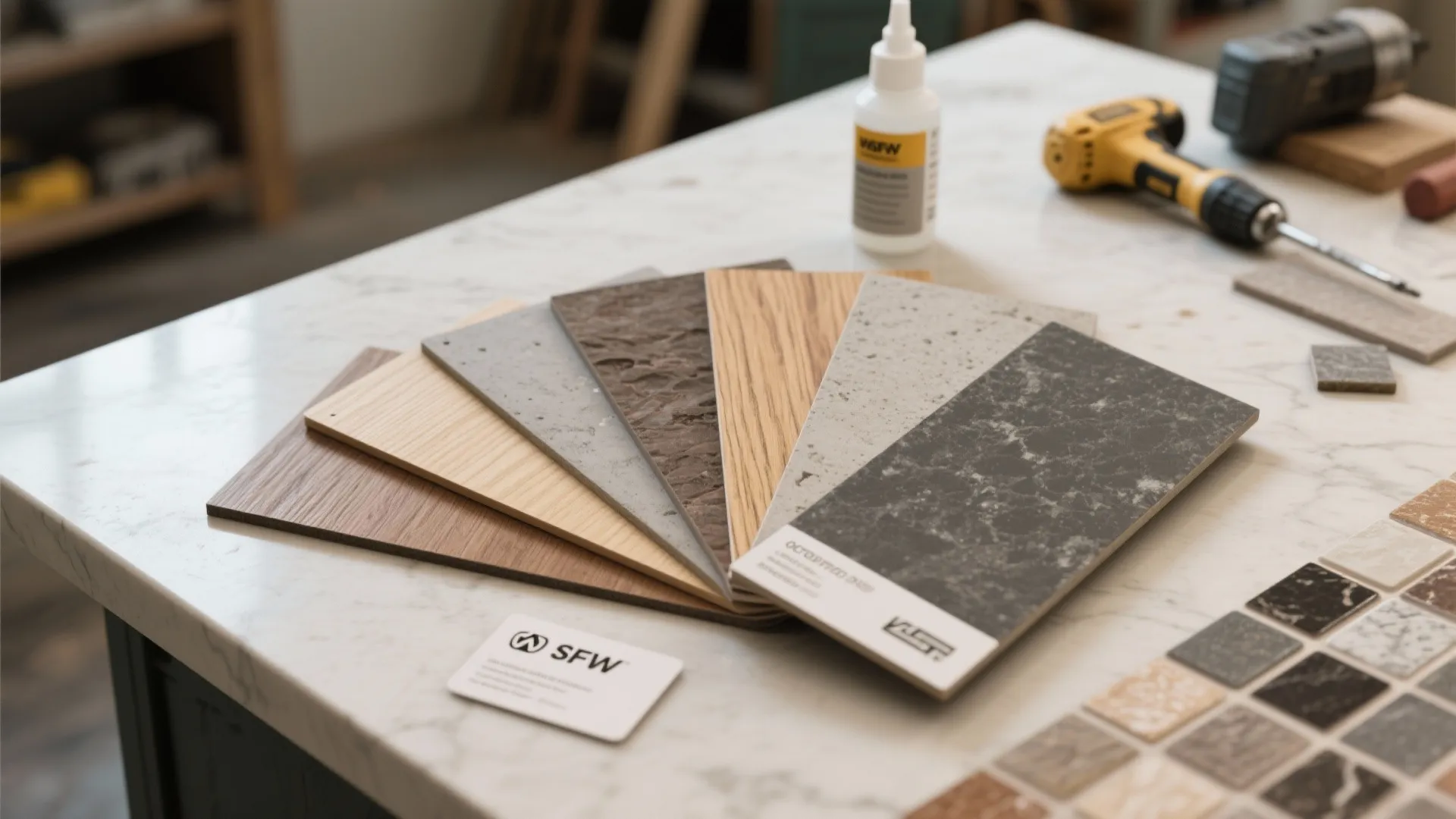 Macro shot of countertop material swatches and sample chips including wood, concrete, tile, and laminate.