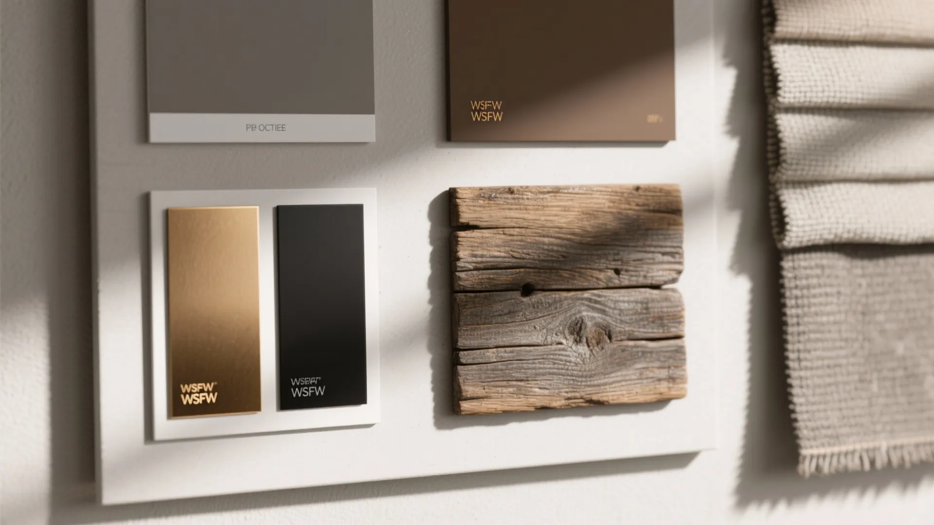 Various interior design material samples including wood panel gold metal and grey fabric on wall