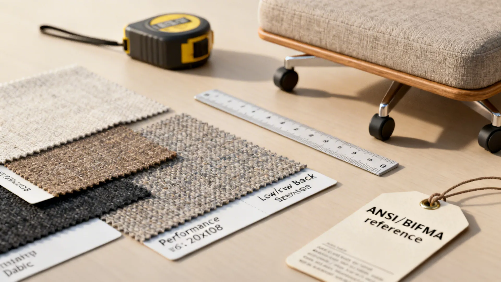 Material swatches, measuring tools and sample parts illustrating FAQ topics about small-room chairs.