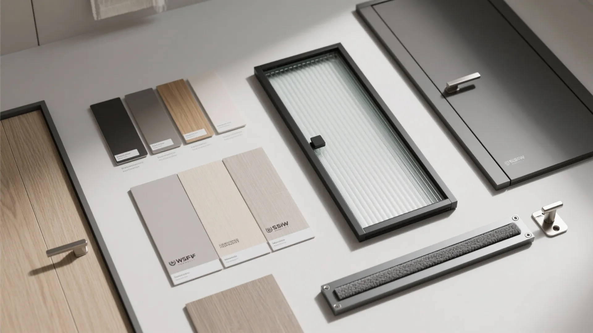 Various interior design material samples including wood panels glass door frame and metal door hardware pieces