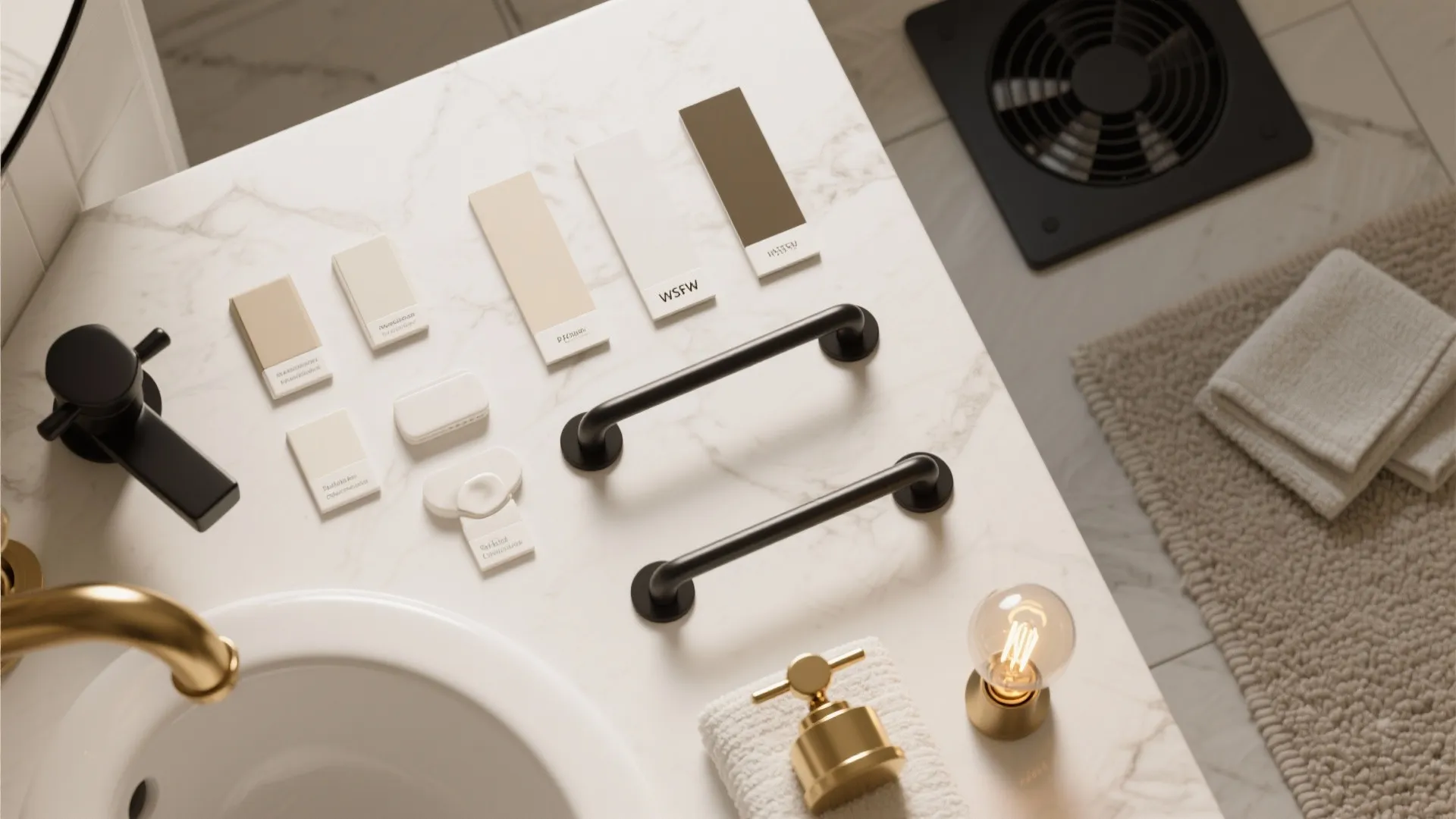 Flatlay of cream and white swatches, matte black and brass hardware, a rug texture, warm bulbs, and a vent fan grille.