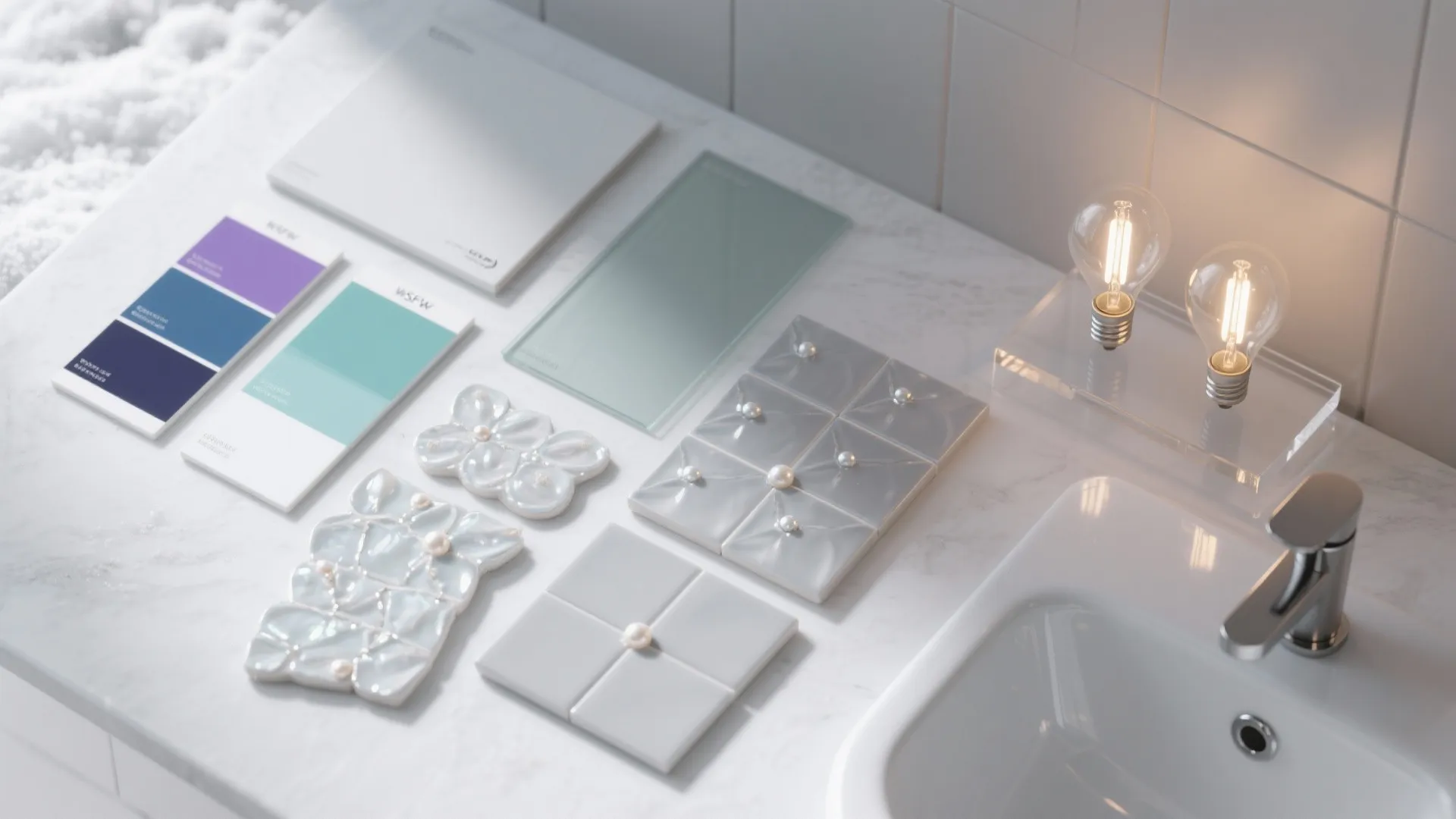 Interior design materials including color palettes tiles glass samples and light bulbs on white marble counter