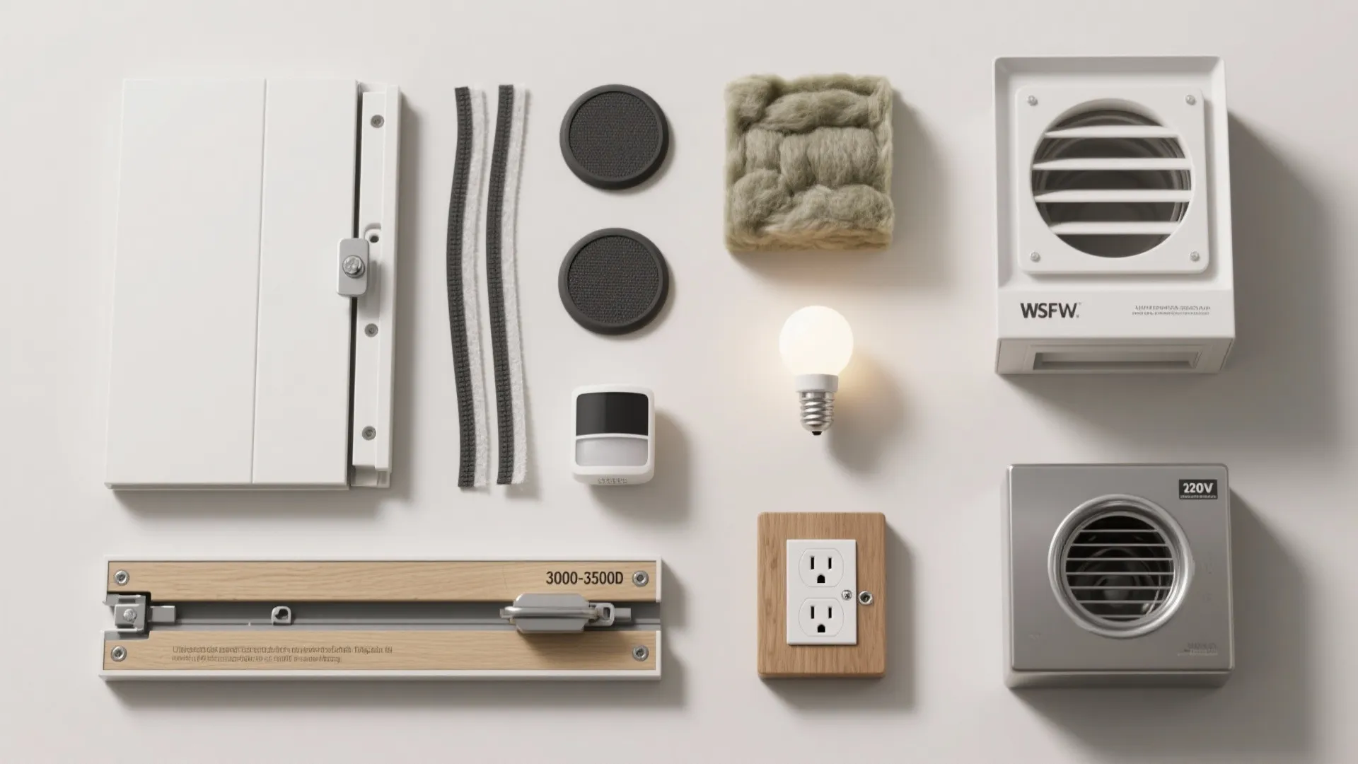 Collection of various home hardware materials including light bulb wooden wall outlet and small vents