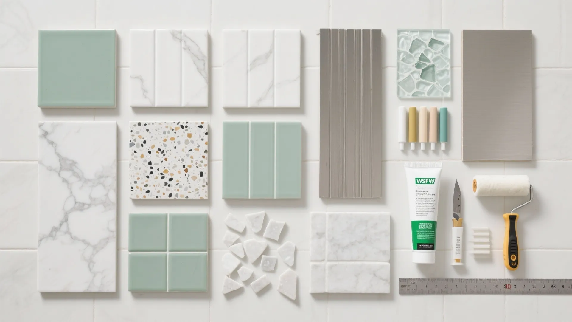 Collection of interior design materials including green tiles marble stones paint roller and small knife