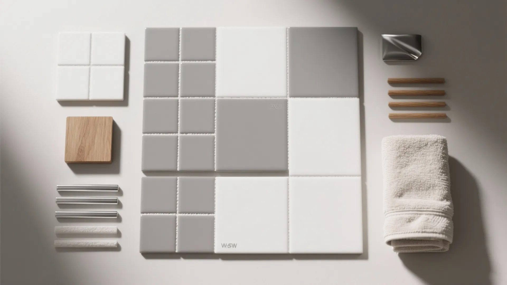Collection of white and grey tiles with wood samples and a white towel for bathroom