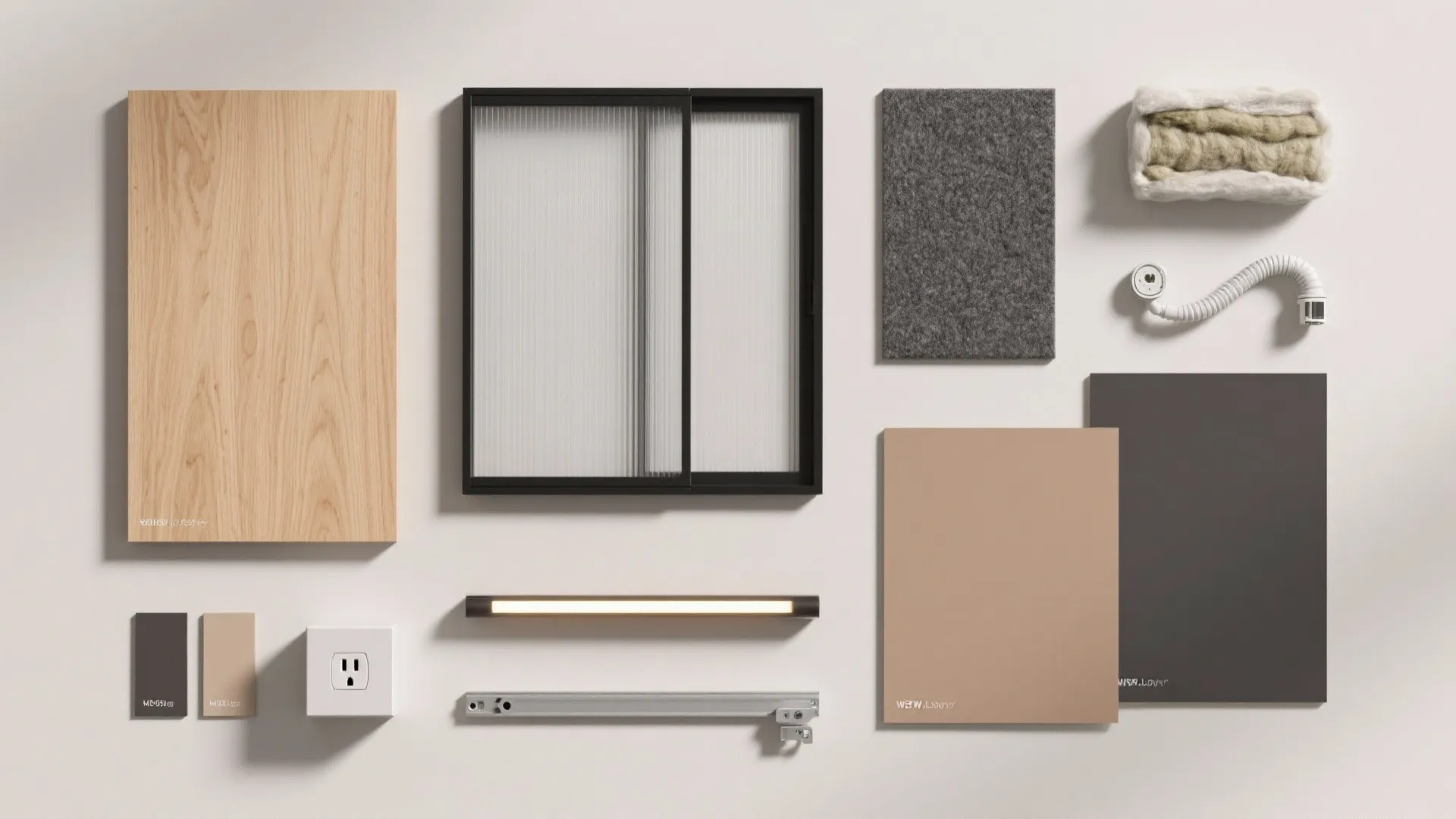 Interior design materials including wood panels black frame glass grey fabric and warm light fixture