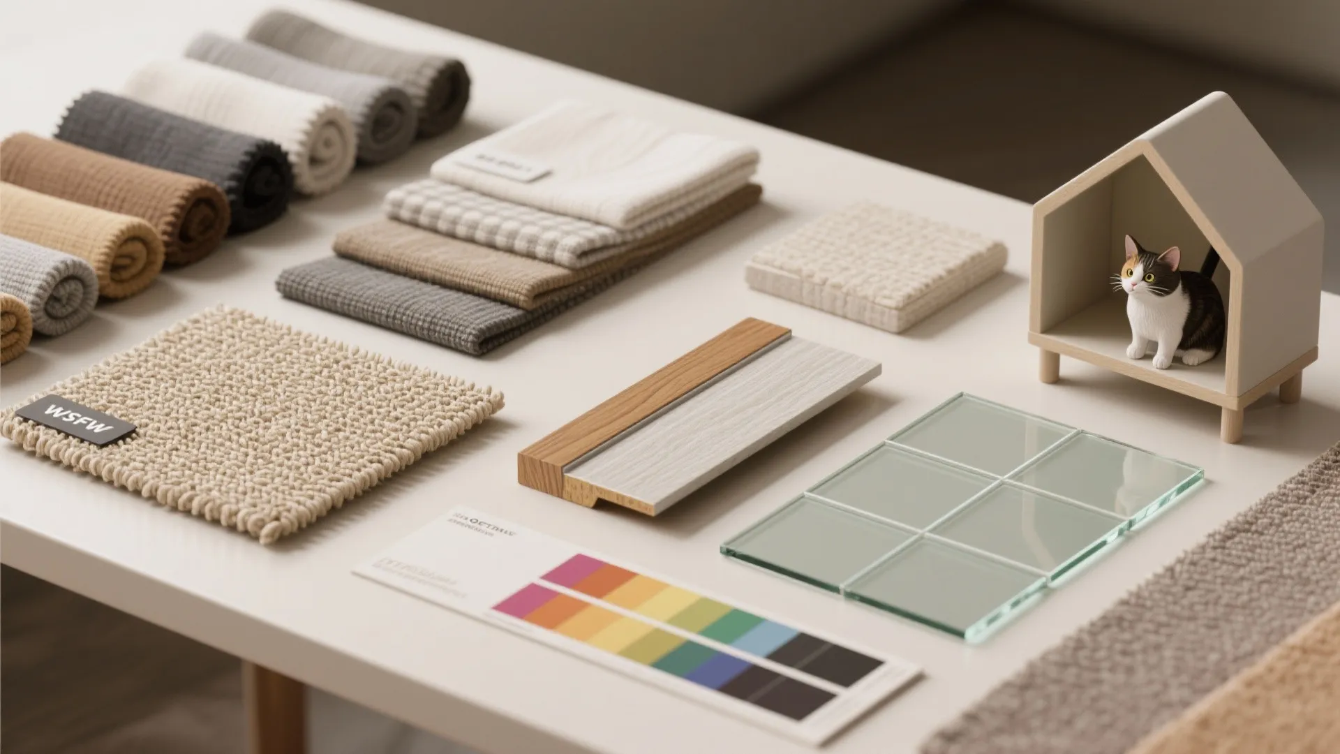 Interior design materials including fabric swatches, wood trim, glass tiles, color palette, and toy house