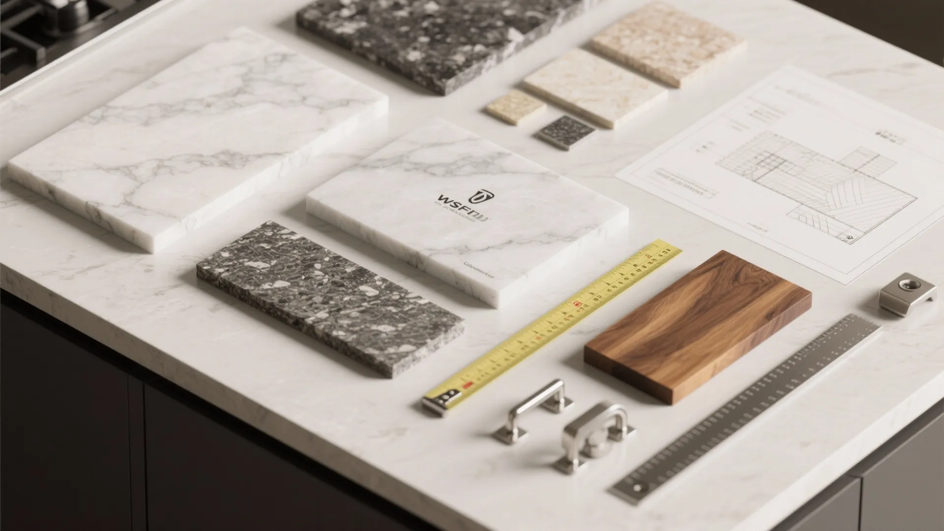 Flatlay of countertop and wood samples, hardware and measuring tape for island planning and material choices.