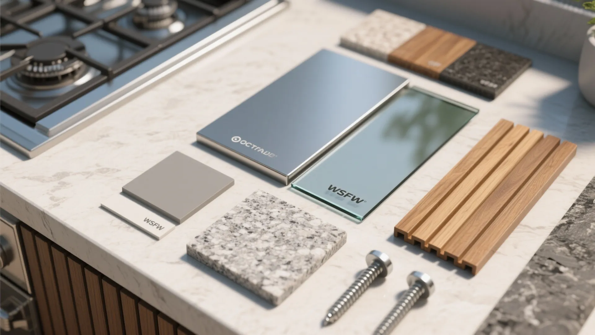 Interior design materials on white counter including wood slats glass metal stone and hardware screws