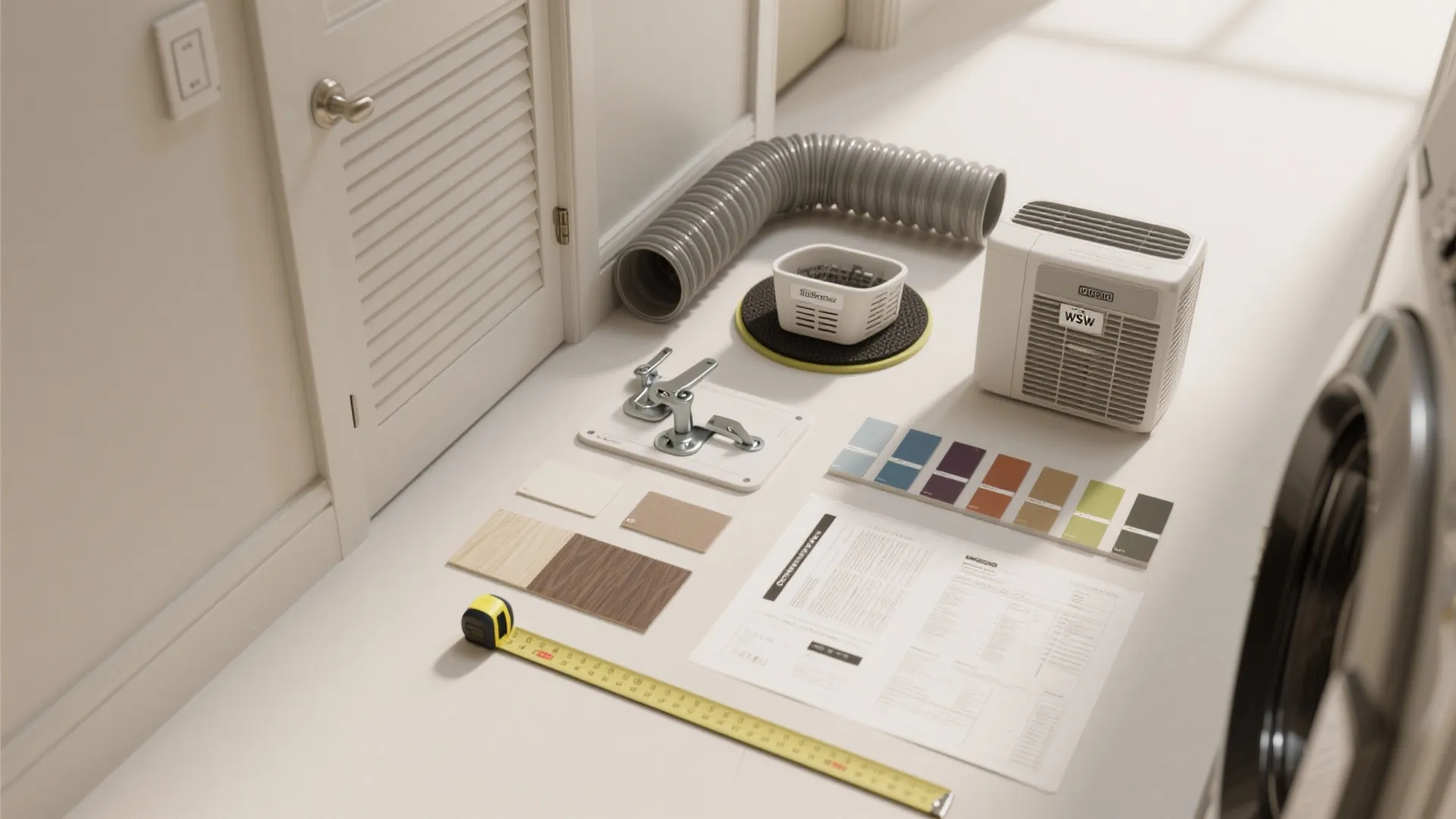 Various interior design materials including color swatches wood samples tape measure and air ventilation parts