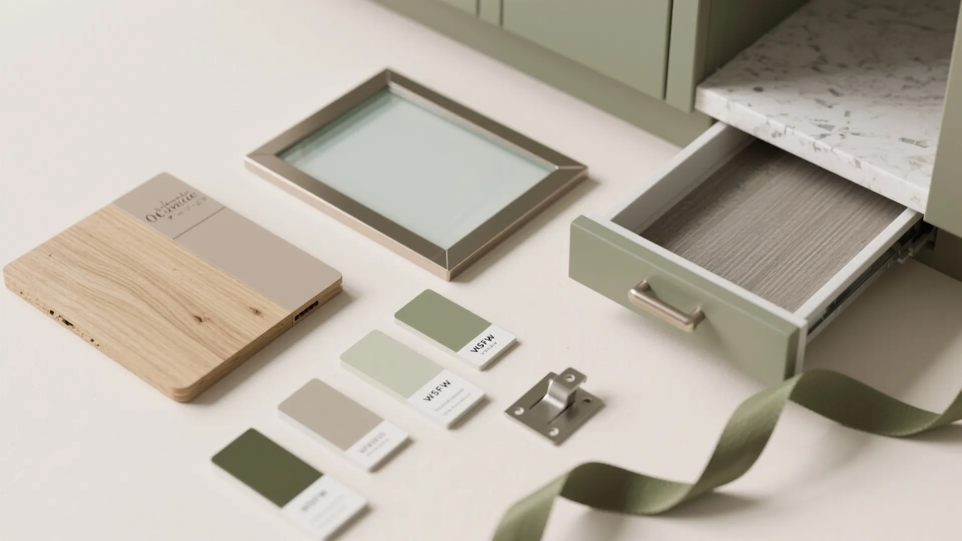 Green cabinet color samples with wood flooring piece stone countertop metal handle and decorative ribbon