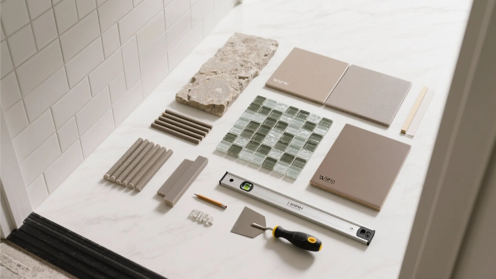 Interior design materials including stone samples ceramic tiles mosaic squares level tool pencil and small shovel