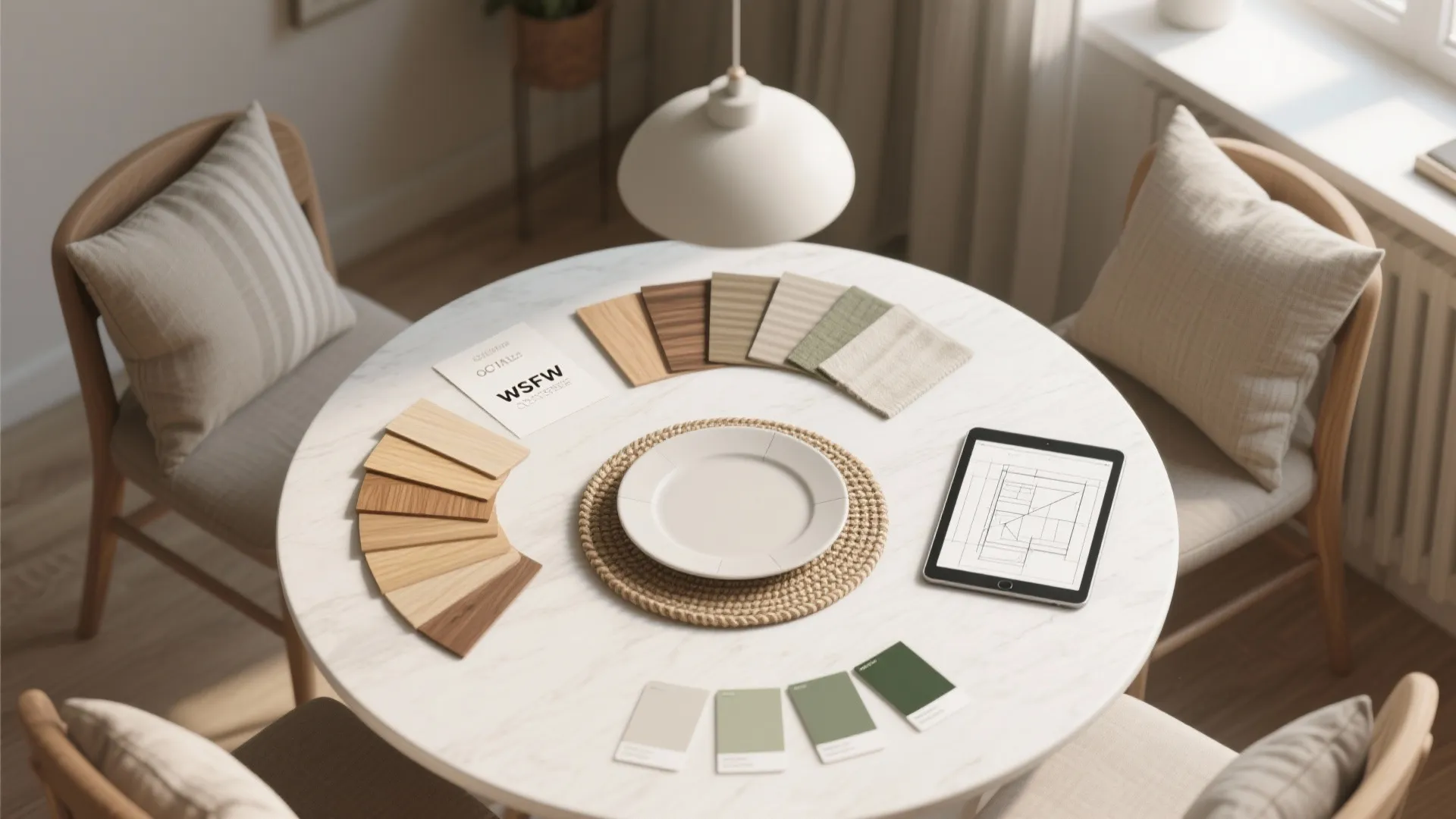 Round marble table with wood samples fabric swatches color cards and tablet showing floor plan