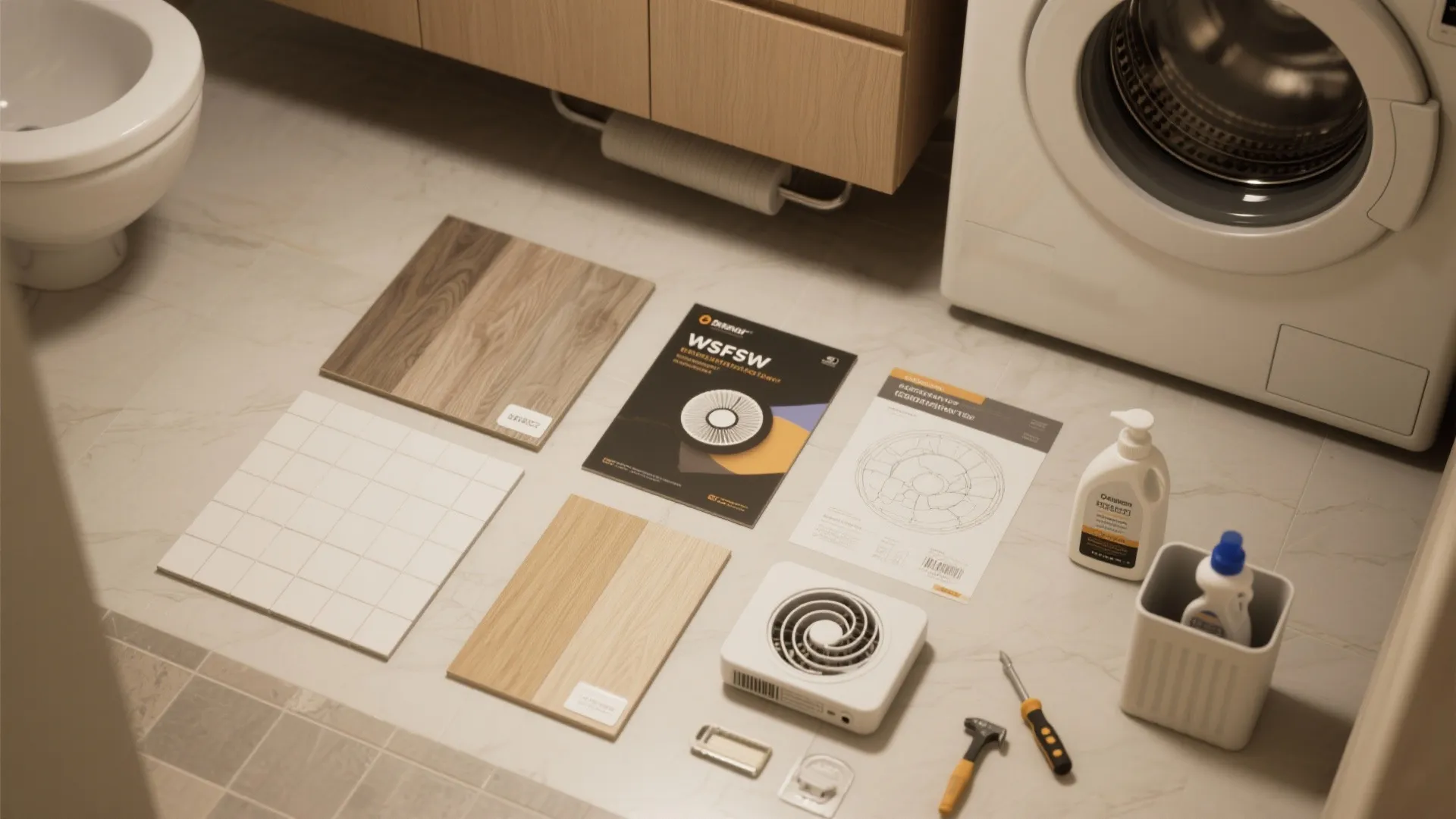 Top-down flatlay of tile and flooring samples, ventilation fan, condensing dryer info, and material swatches for combo rooms.