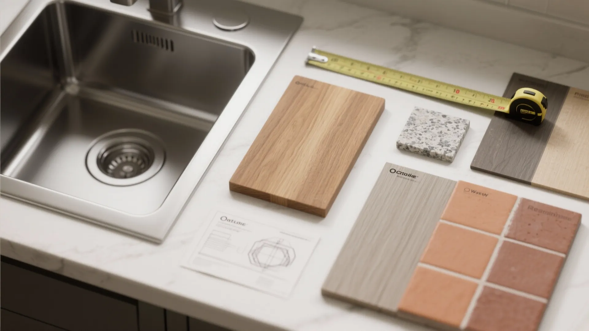 Interior design materials including wood samples, tiles, and tape measure next to a kitchen sink
