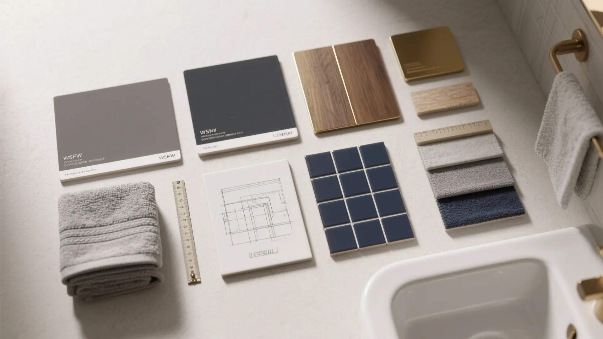 Flatlay of paint swatches, tile samples, wood and brass finishes and towel textiles for a masculine bathroom palette.