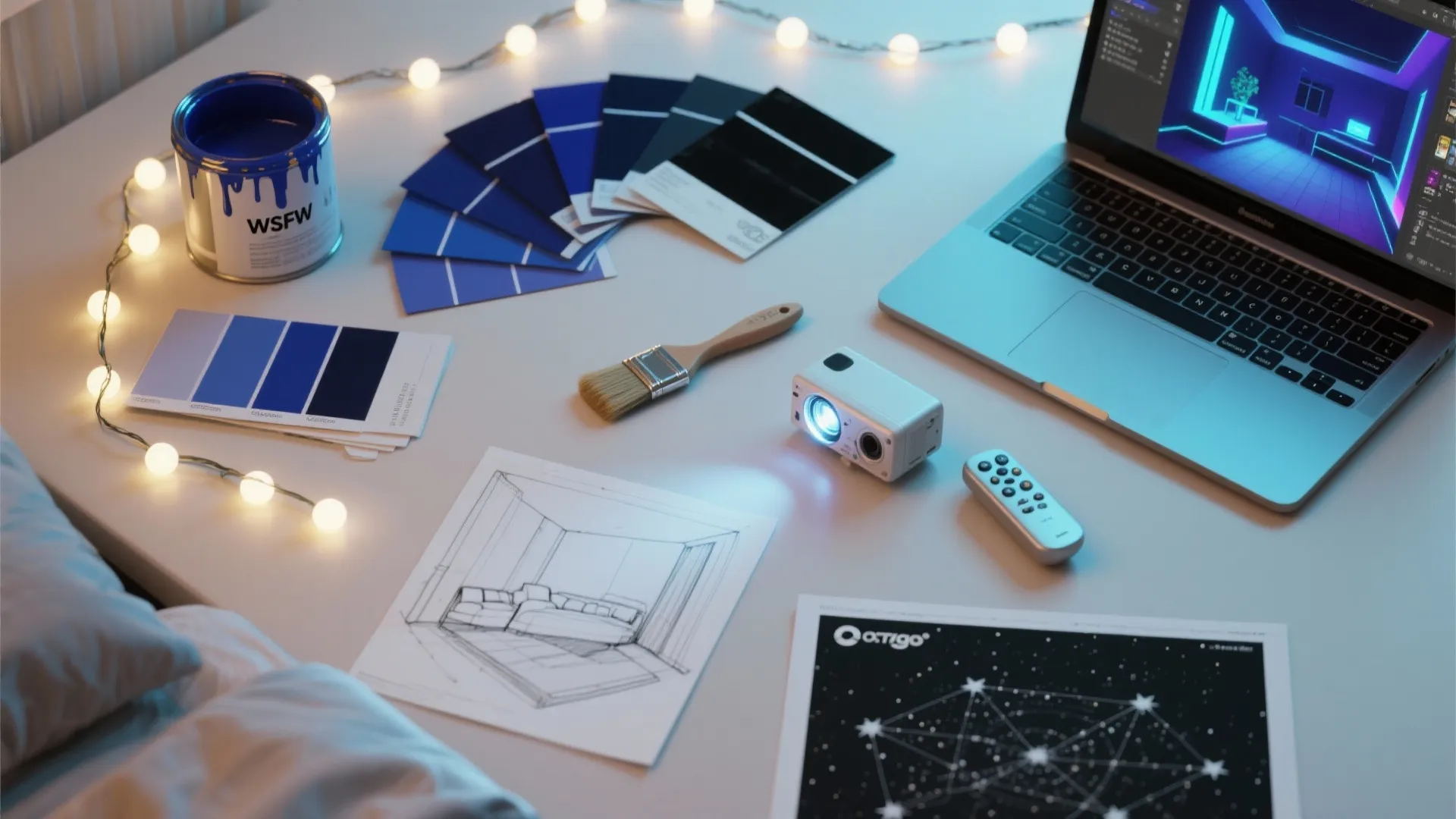Interior design workplace with blue paint can color cards laptop room sketch and a projector