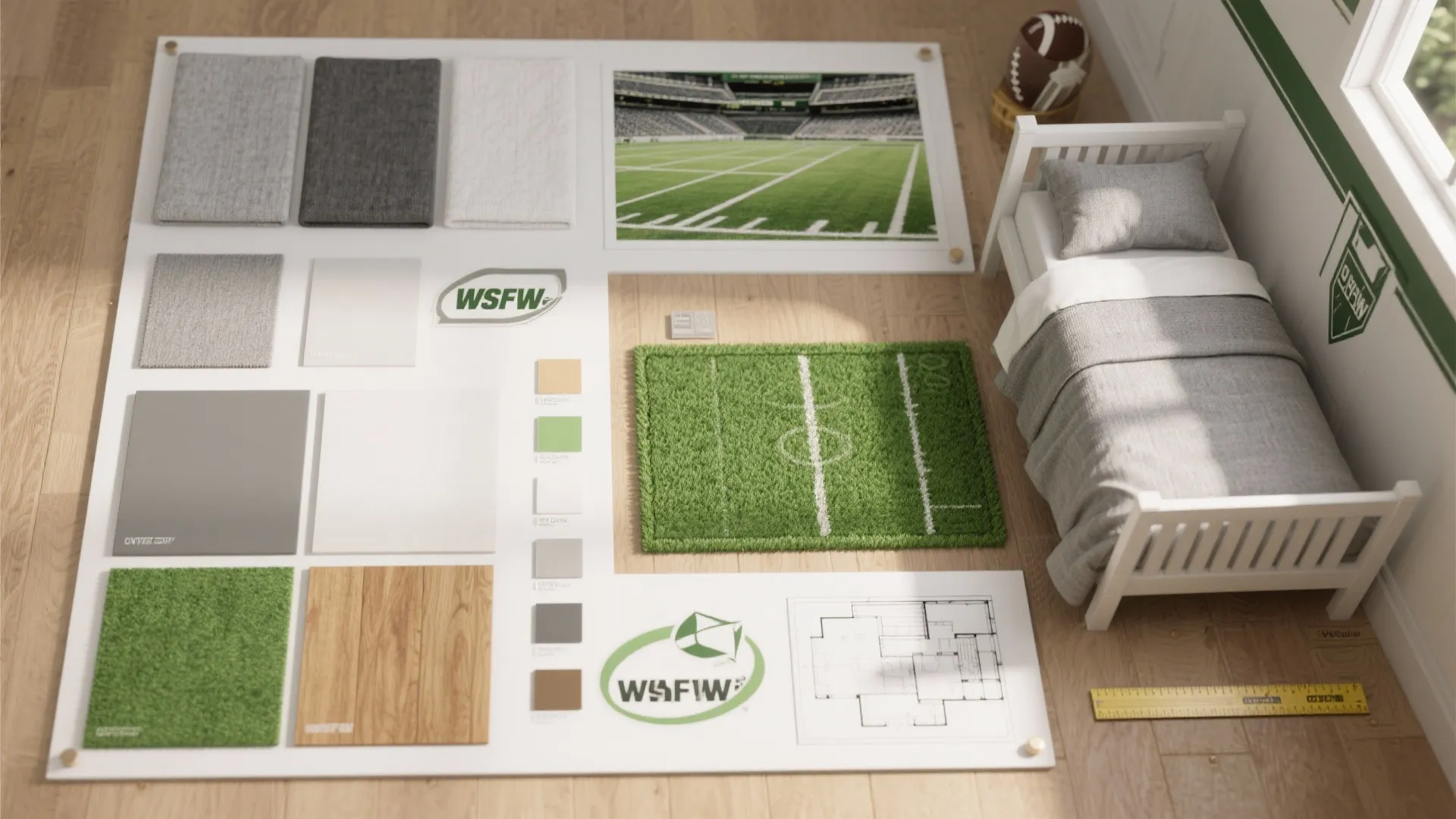 Top-down moodboard with paint chips, fabric swatches, turf sample and removable wallpaper for a football-themed small bedroom.