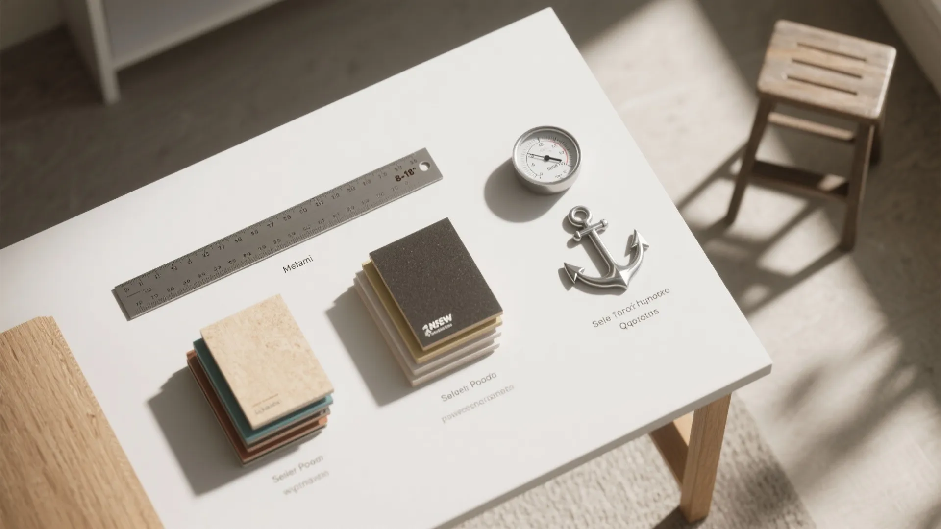 Flatlay showing material swatches, depth ruler, humidity gauge, and anchors illustrating laundry shelving FAQs.