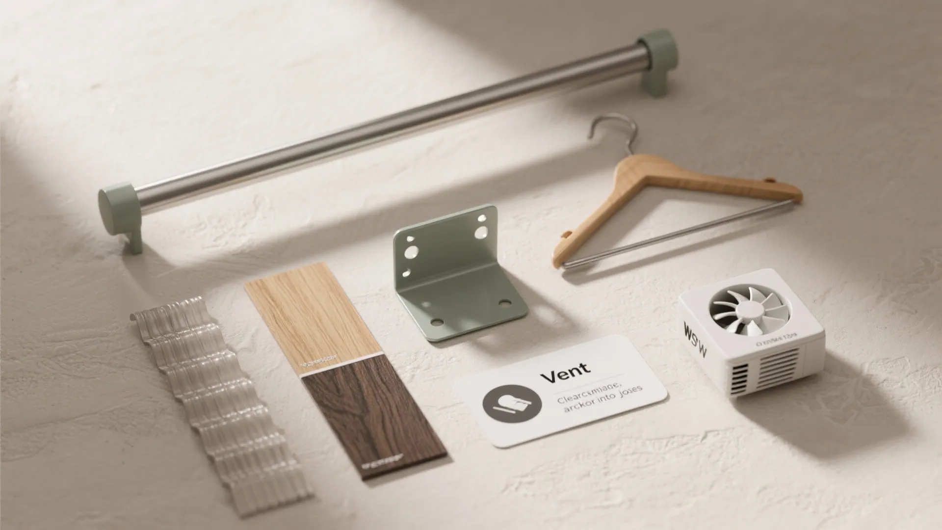 Wooden hanger metal rod green bracket wood samples and white fan on a light surface