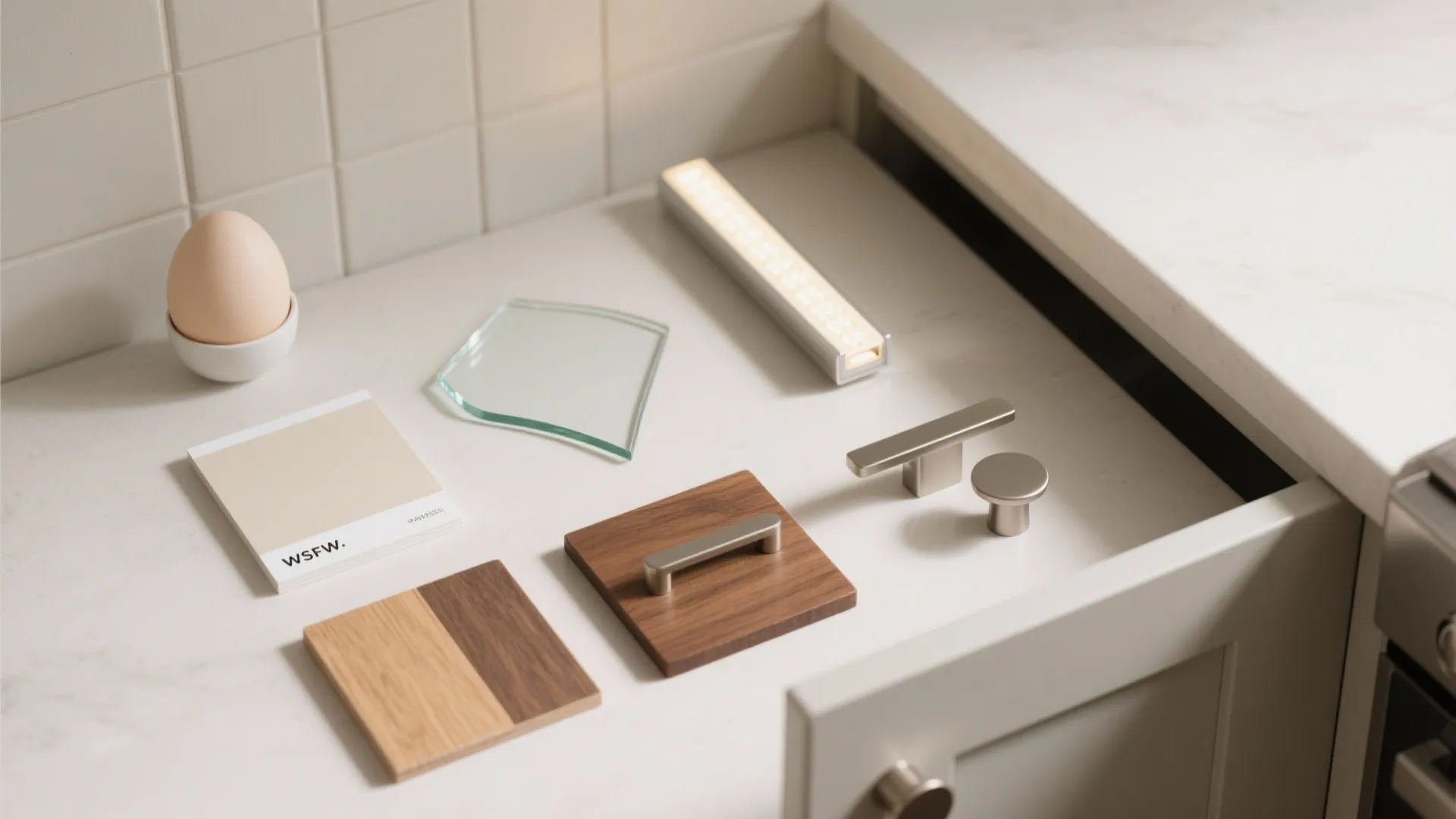 Kitchen material samples with wood pieces glass tile metal handles and a small silver light fixture