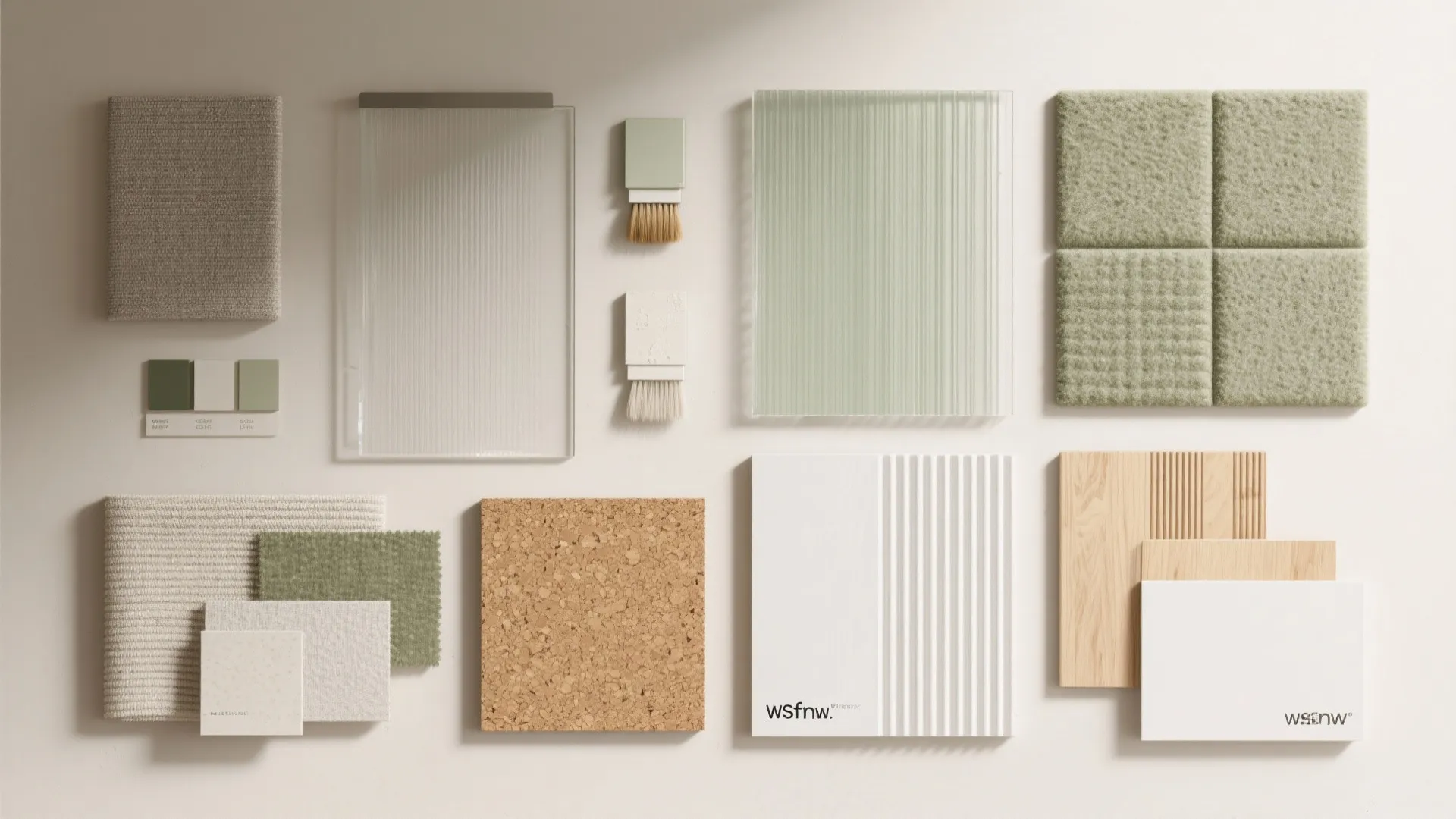 Interior design material board with fabric swatches, glass, wood samples, cork, and green textured panels