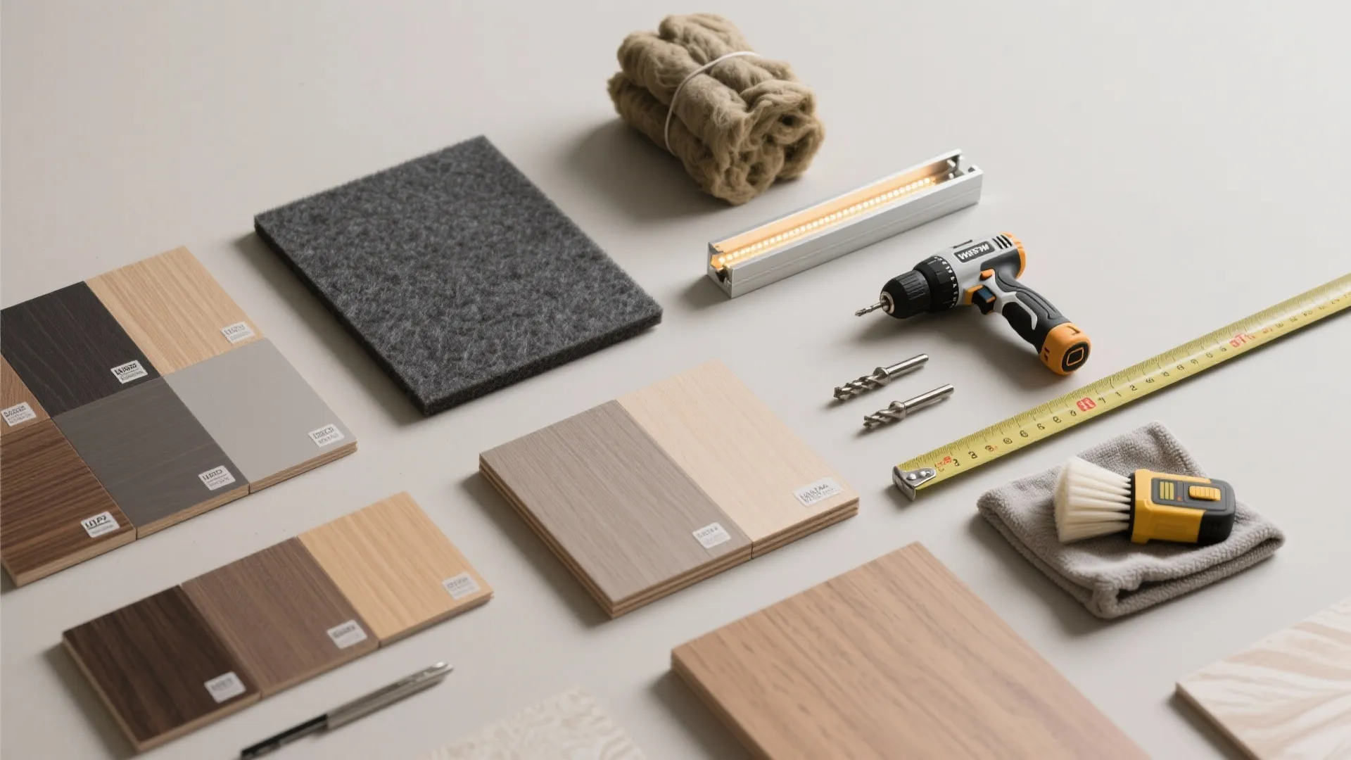 Top-down kit of CNC wall panel samples, LED channel, felt, and tools arranged neatly on a neutral background.