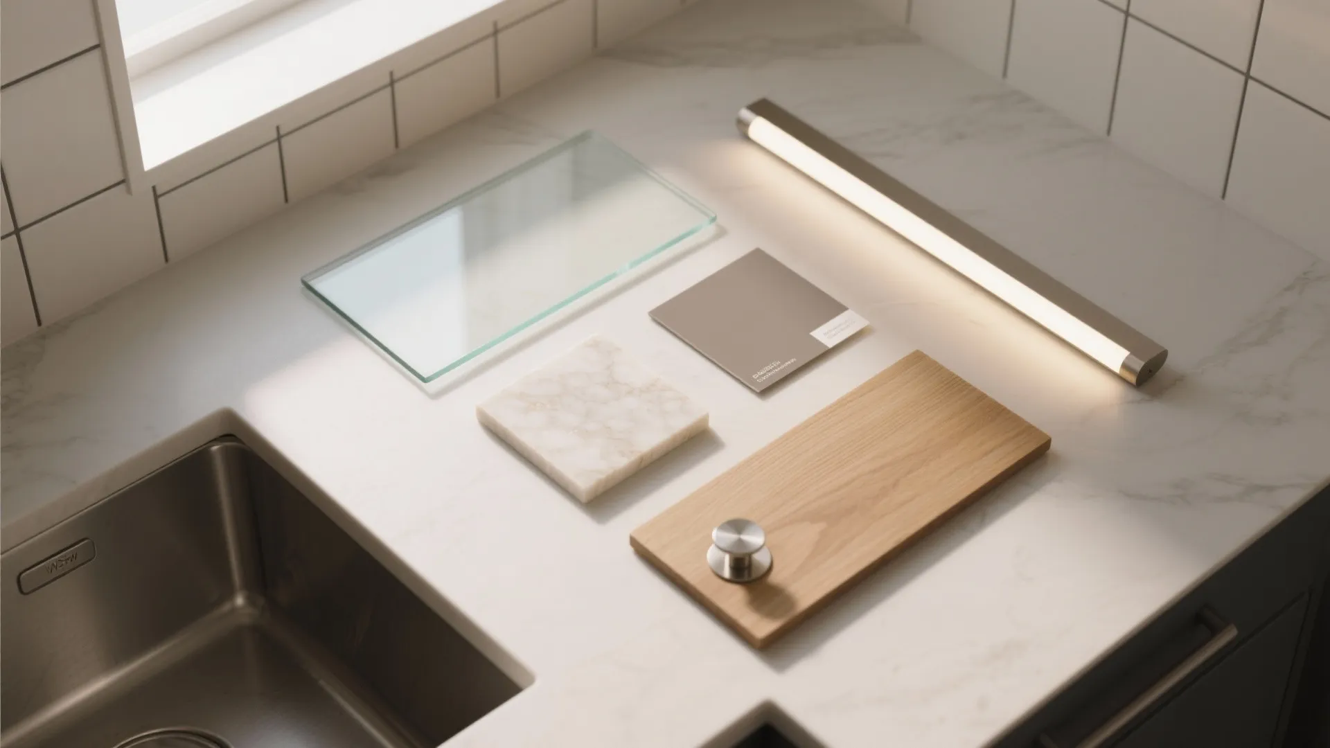 Kitchen material samples including glass marble wood and paint colors on a white marble countertop