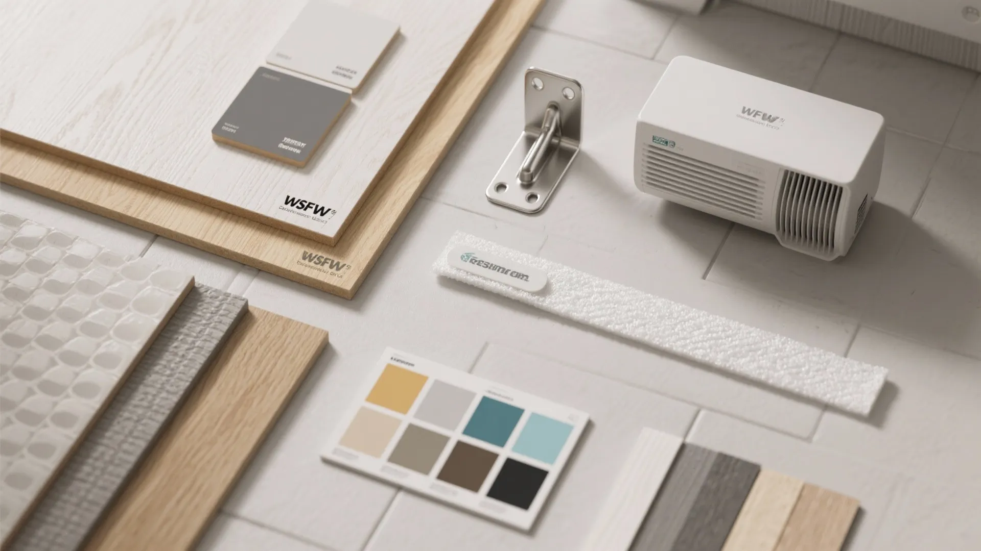 Various interior design materials including wood floor samples color palettes and small white light fixture