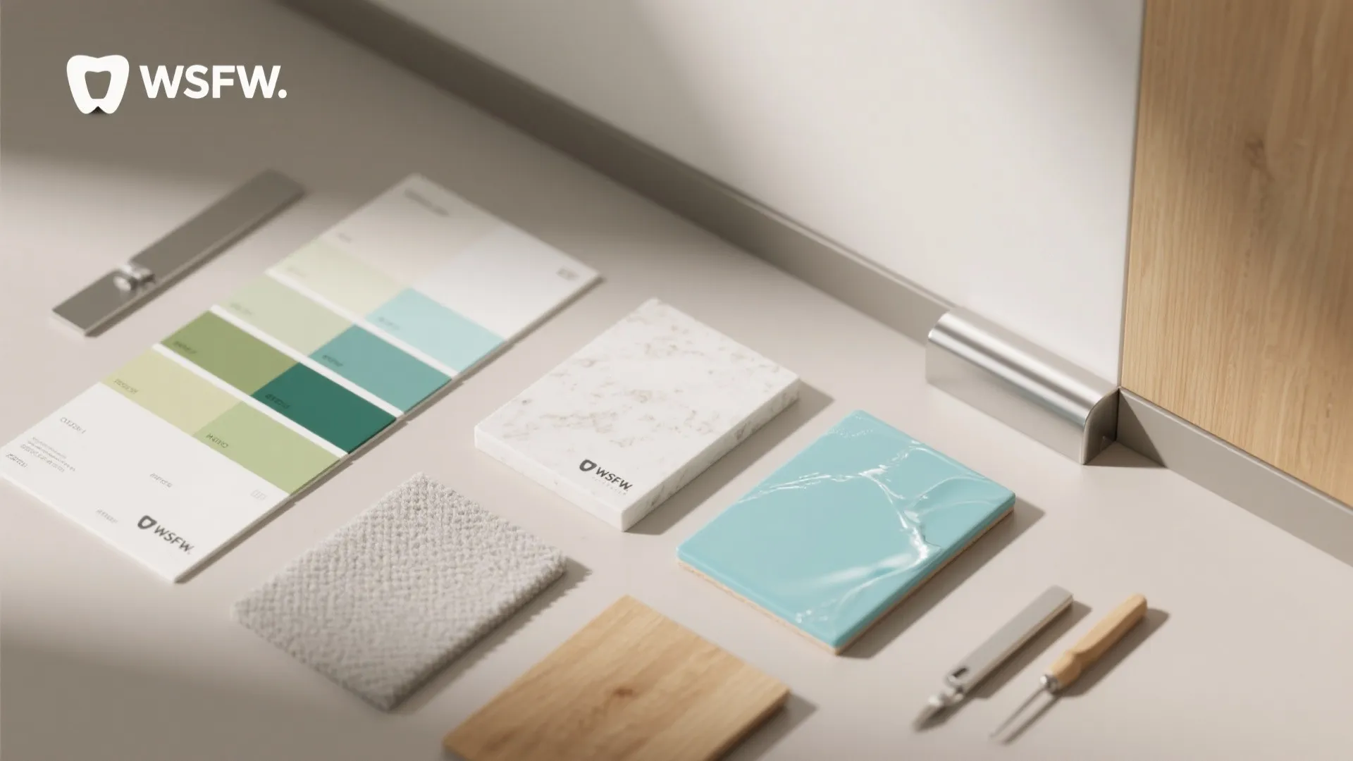Interior design material samples including color palette marble tile wood board and fabric on a desk