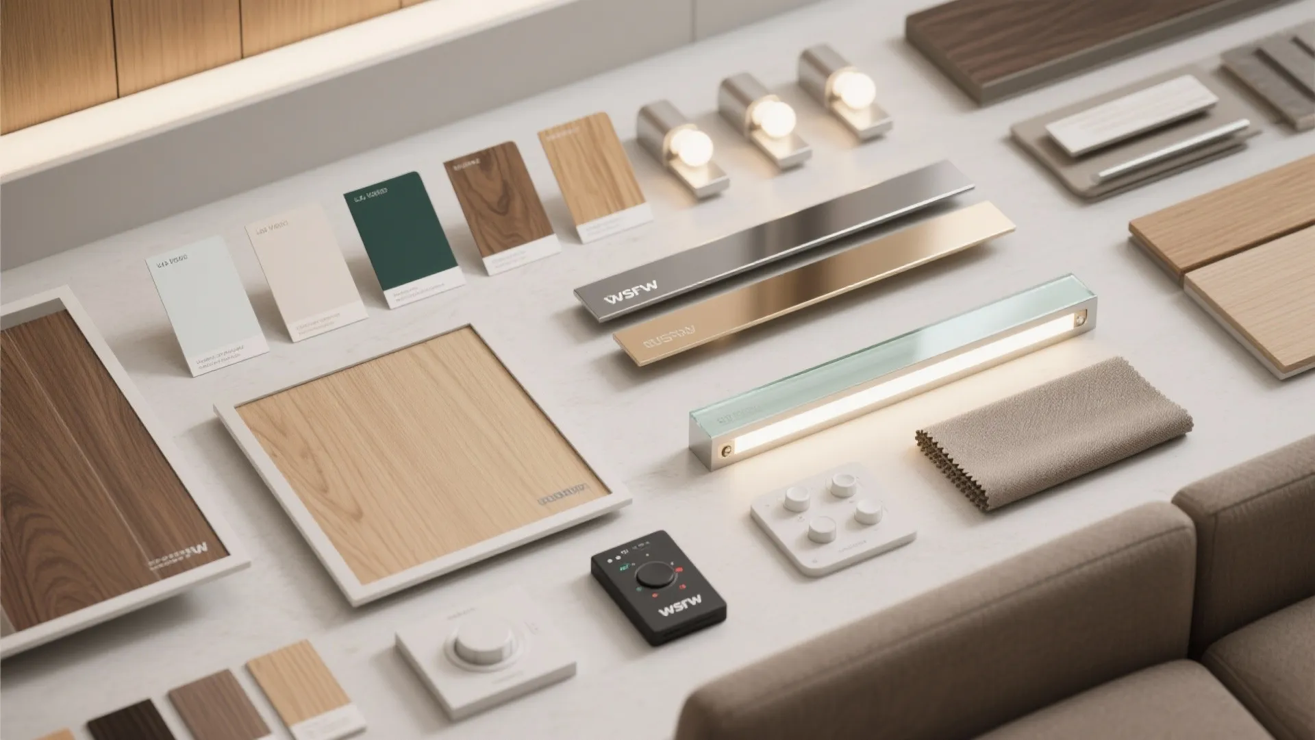 Collection of interior design materials including wood samples color swatches fabric and small light fixtures