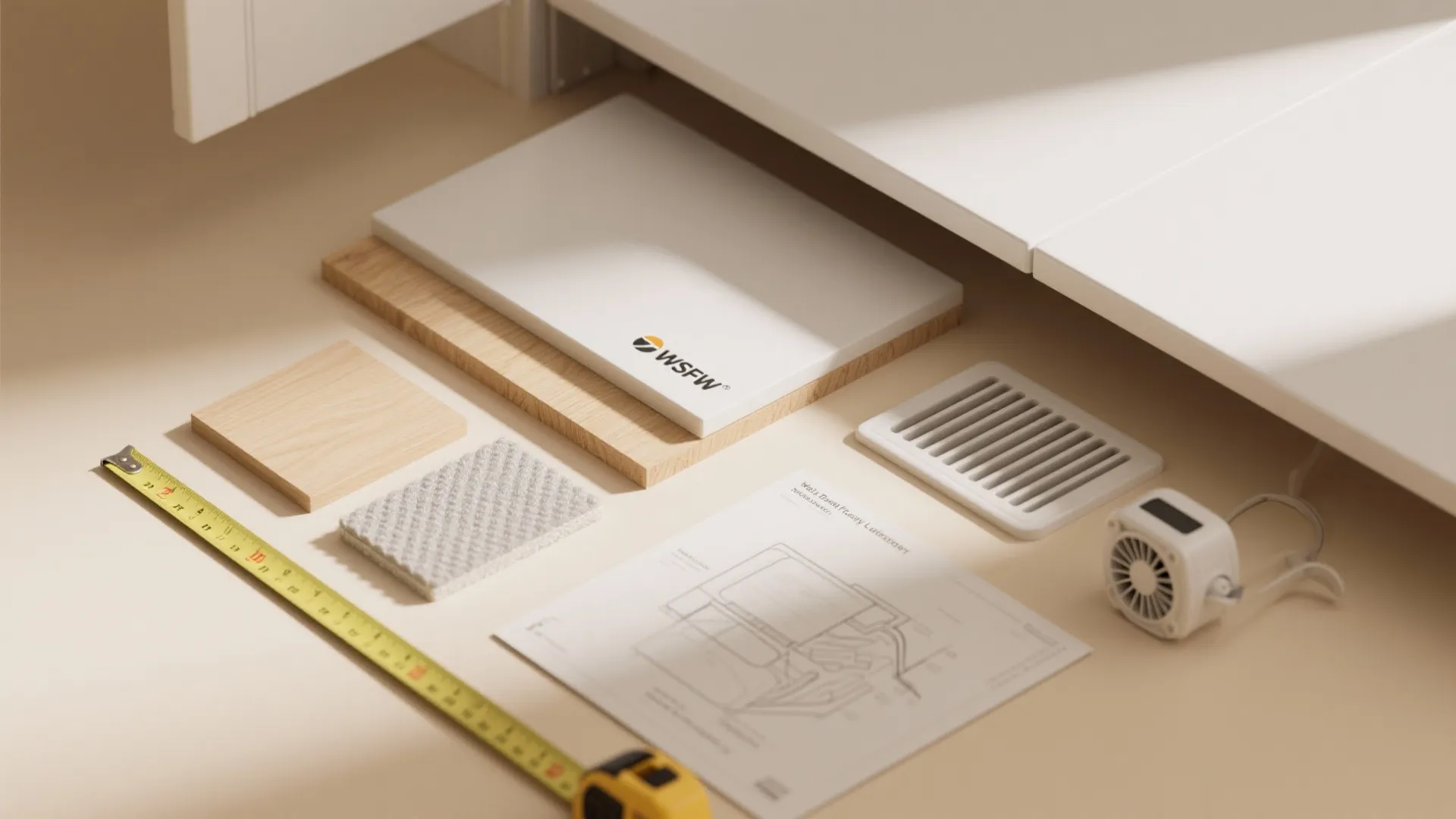 Interior design materials including wood samples measuring tape paper drawing and small fan on floor