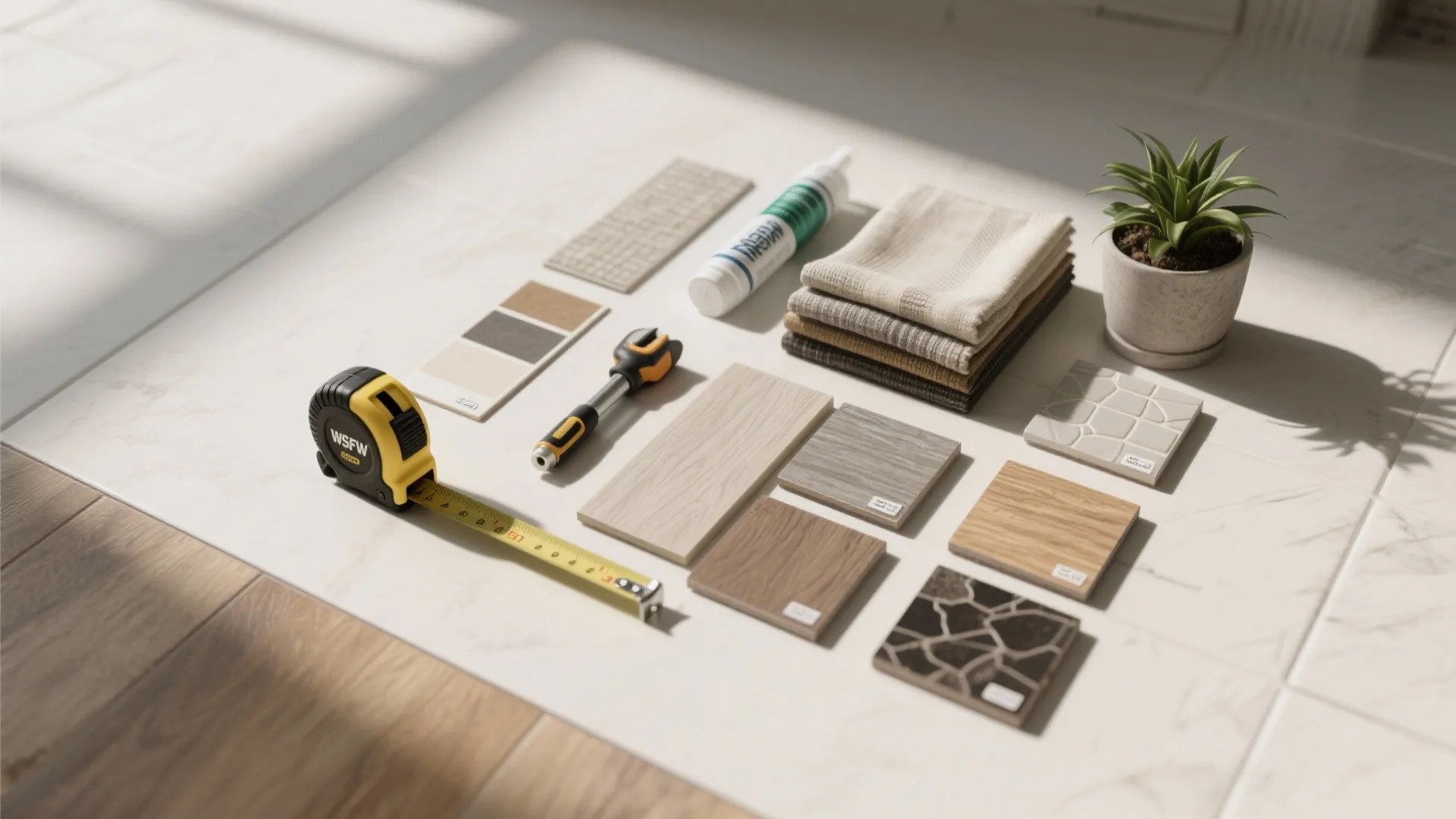 Interior design materials including wood flooring samples tape measure small green plant and tile pieces